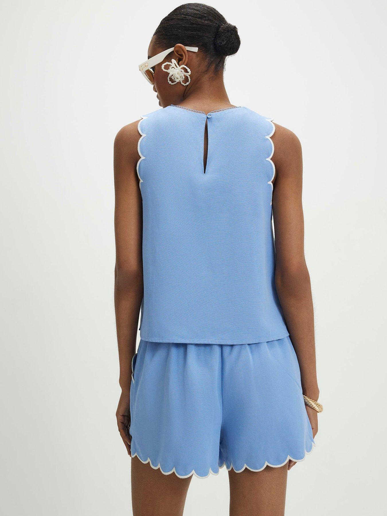 Image 2 of 6 of River Island Blue Linen Blend Scallop Trim Tank Top - Blue