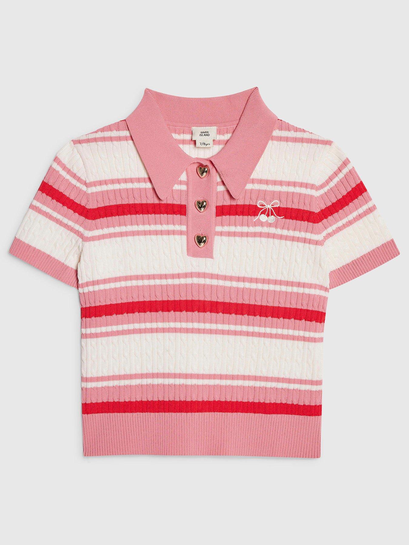 River Island Older Girls Stripe Cherry Bow Polo Shirt - Pink