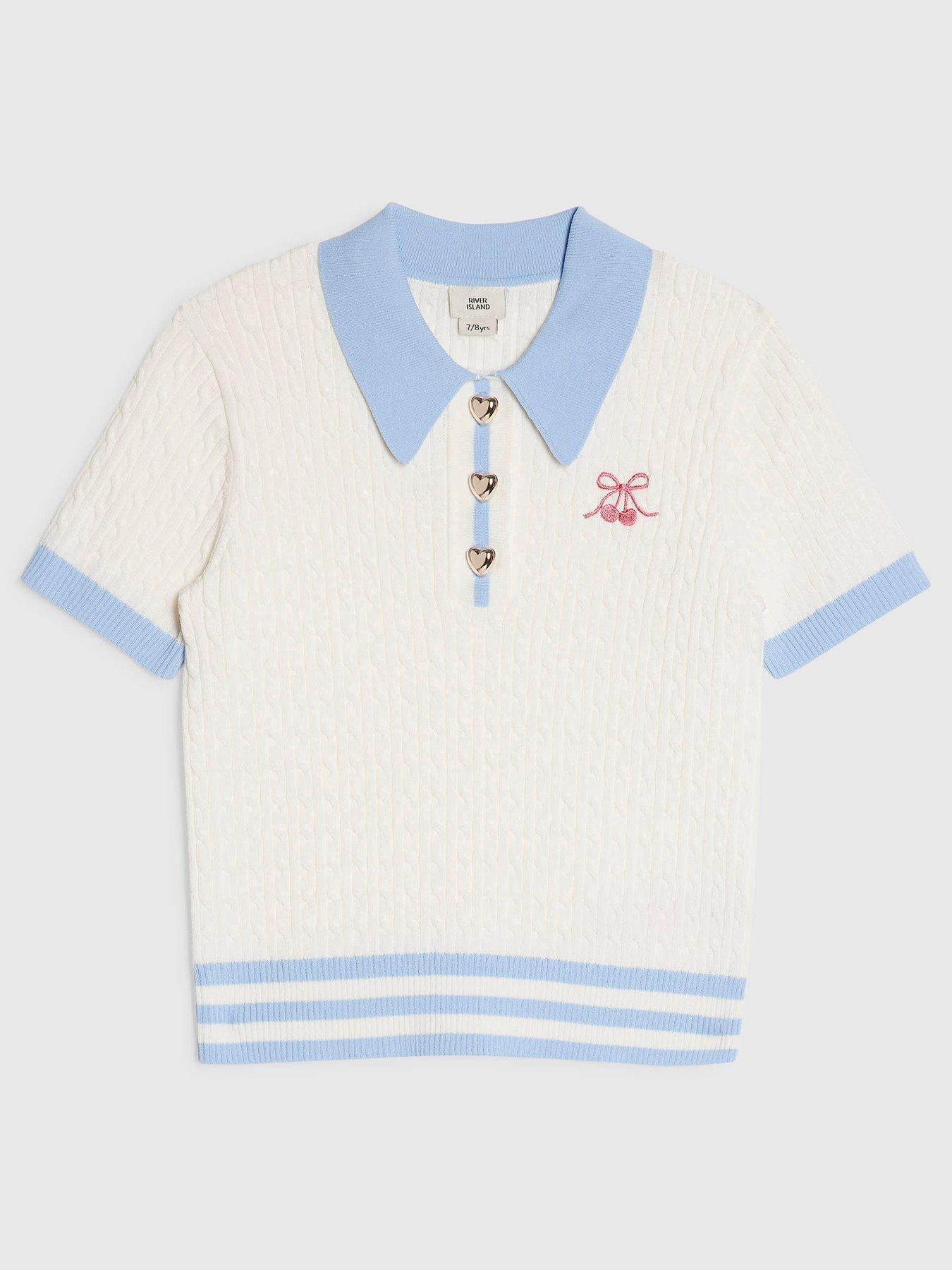 River Island Older Girls Stripe Cherry Bow Polo Shirt - White
