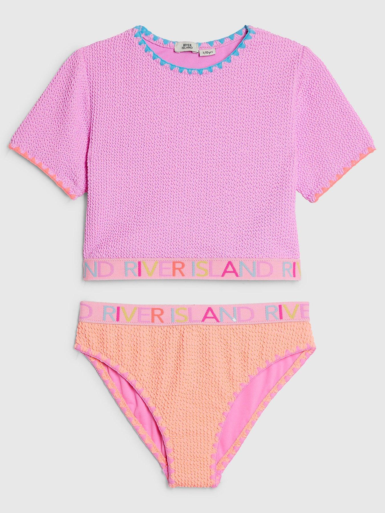 Image 1 of 3 of River Island Older Girls Textured T-Shirt Bikini Set - Purple