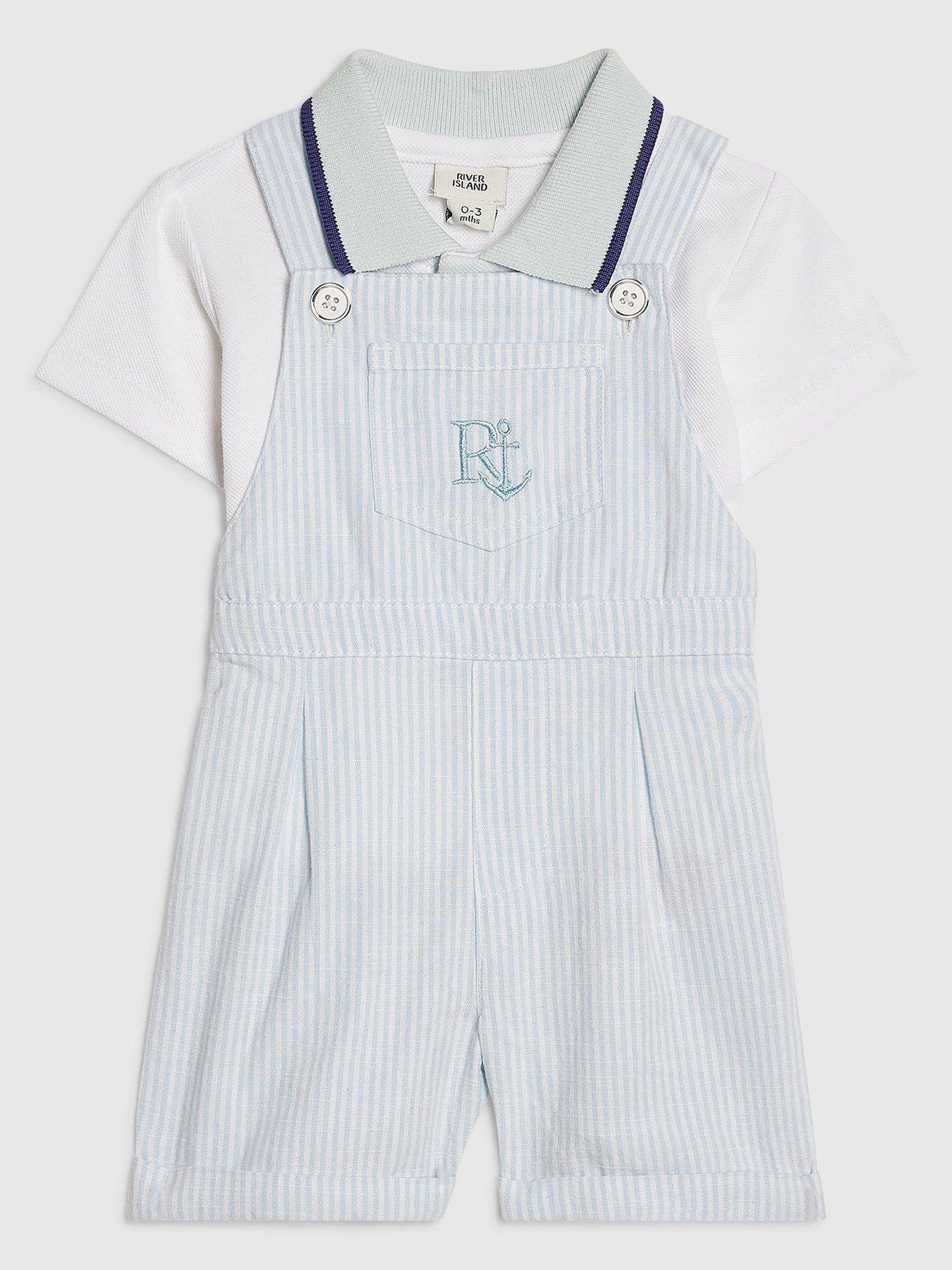 River Island Baby Boys Striped Dungaree Set, Blue, Size Age: 0-3 Months