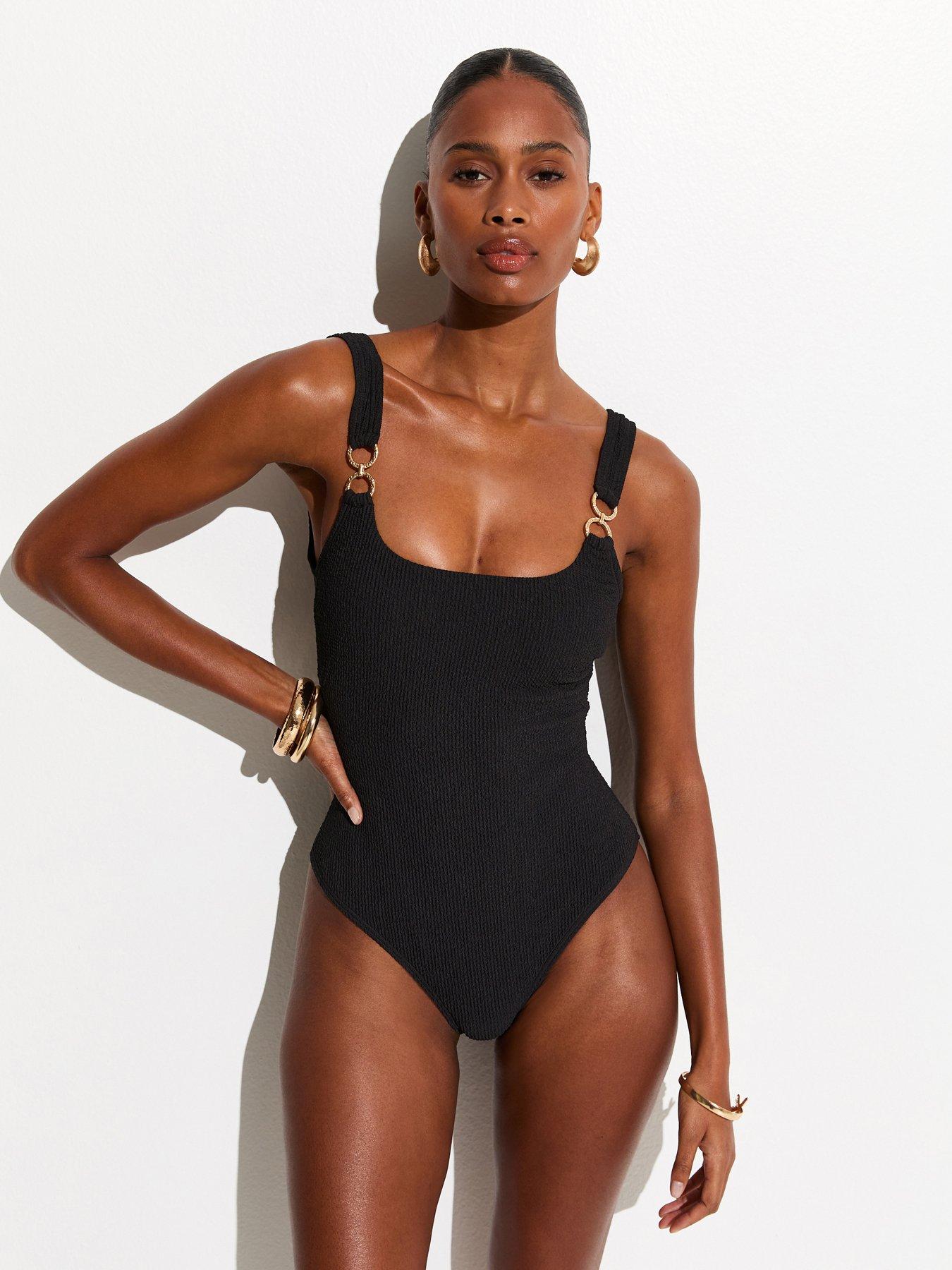 Image 1 of 5 of New Look Tummy Control Double Ring Trim Swimsuit - Black