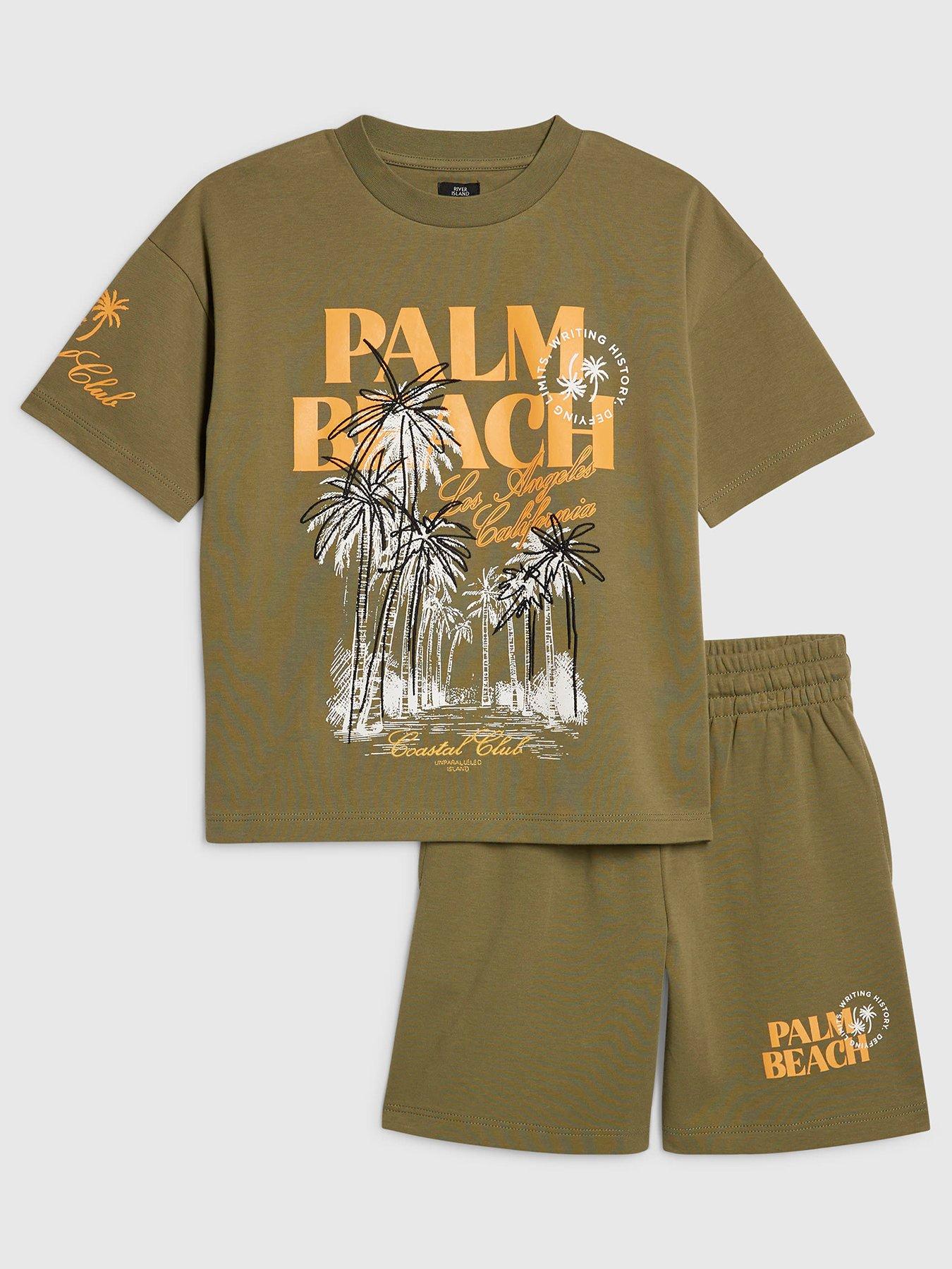 Image 1 of 5 of River Island Older Boys Palm Beach Back Print T-Shirt &amp; Shorts Set - Khaki