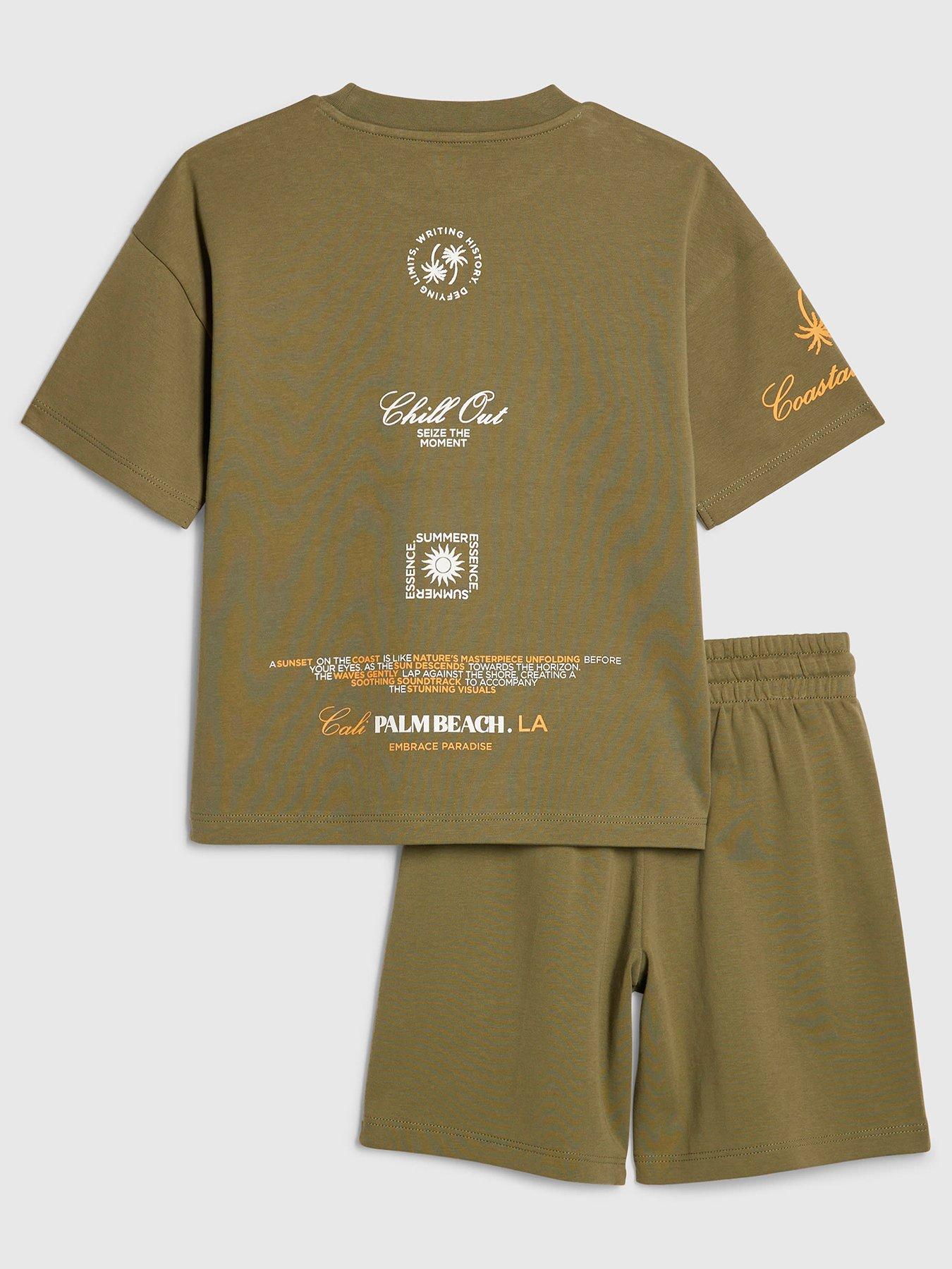 Image 2 of 5 of River Island Older Boys Palm Beach Back Print T-Shirt &amp; Shorts Set - Khaki