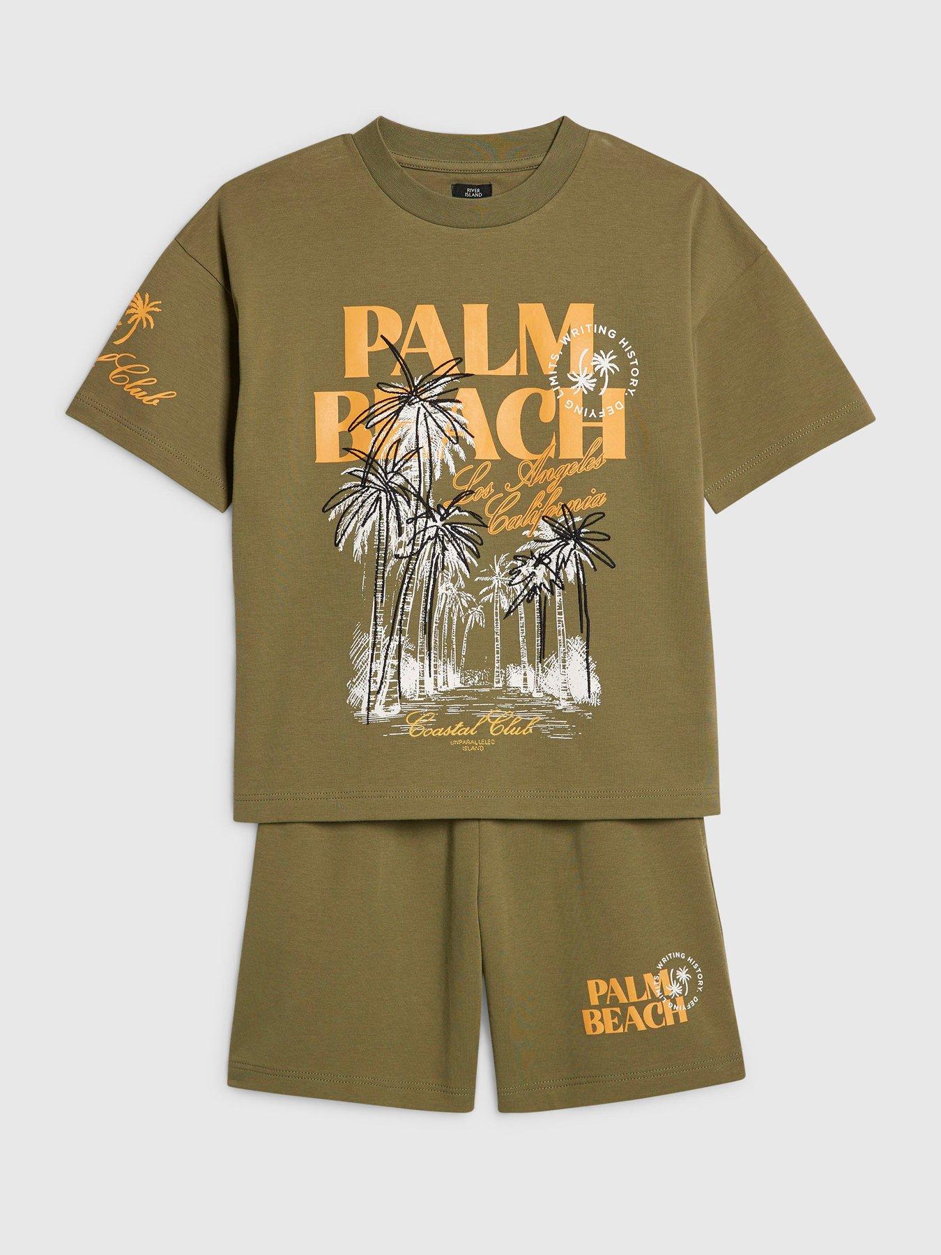 Image 3 of 5 of River Island Older Boys Palm Beach Back Print T-Shirt &amp; Shorts Set - Khaki