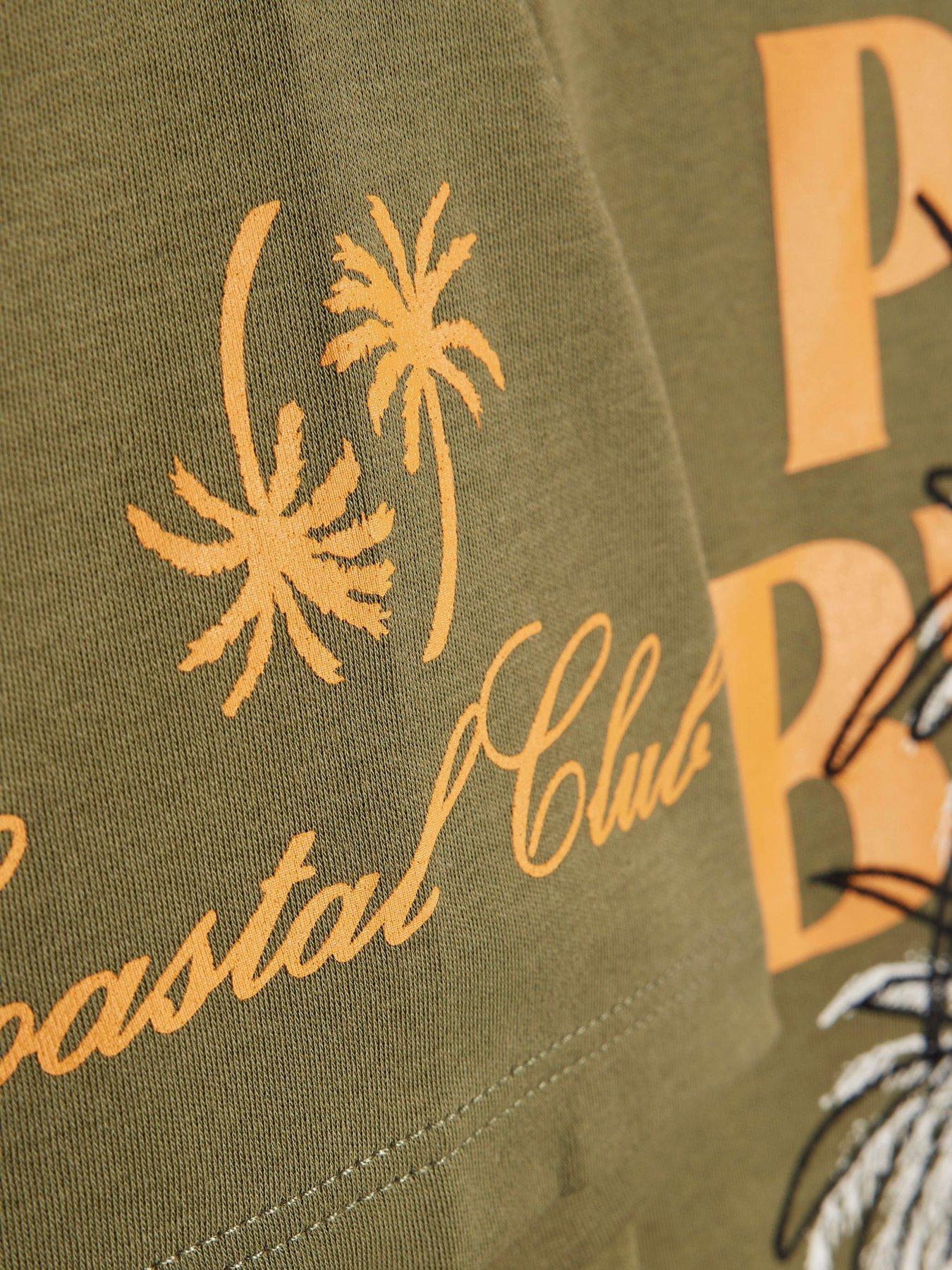 Image 4 of 5 of River Island Older Boys Palm Beach Back Print T-Shirt &amp; Shorts Set - Khaki