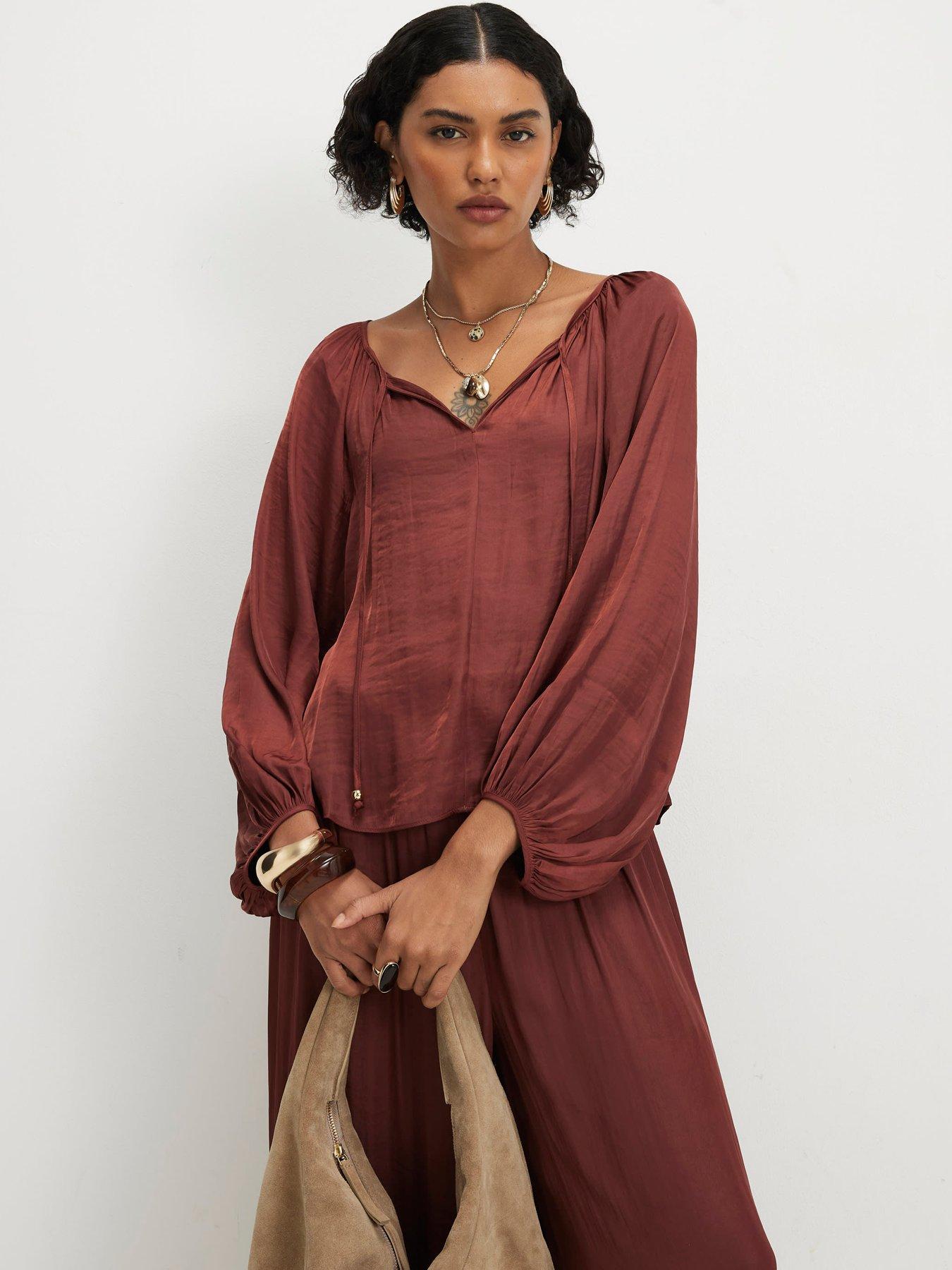 Image 1 of 6 of River Island Airflow Notch Neck Top - Brown
