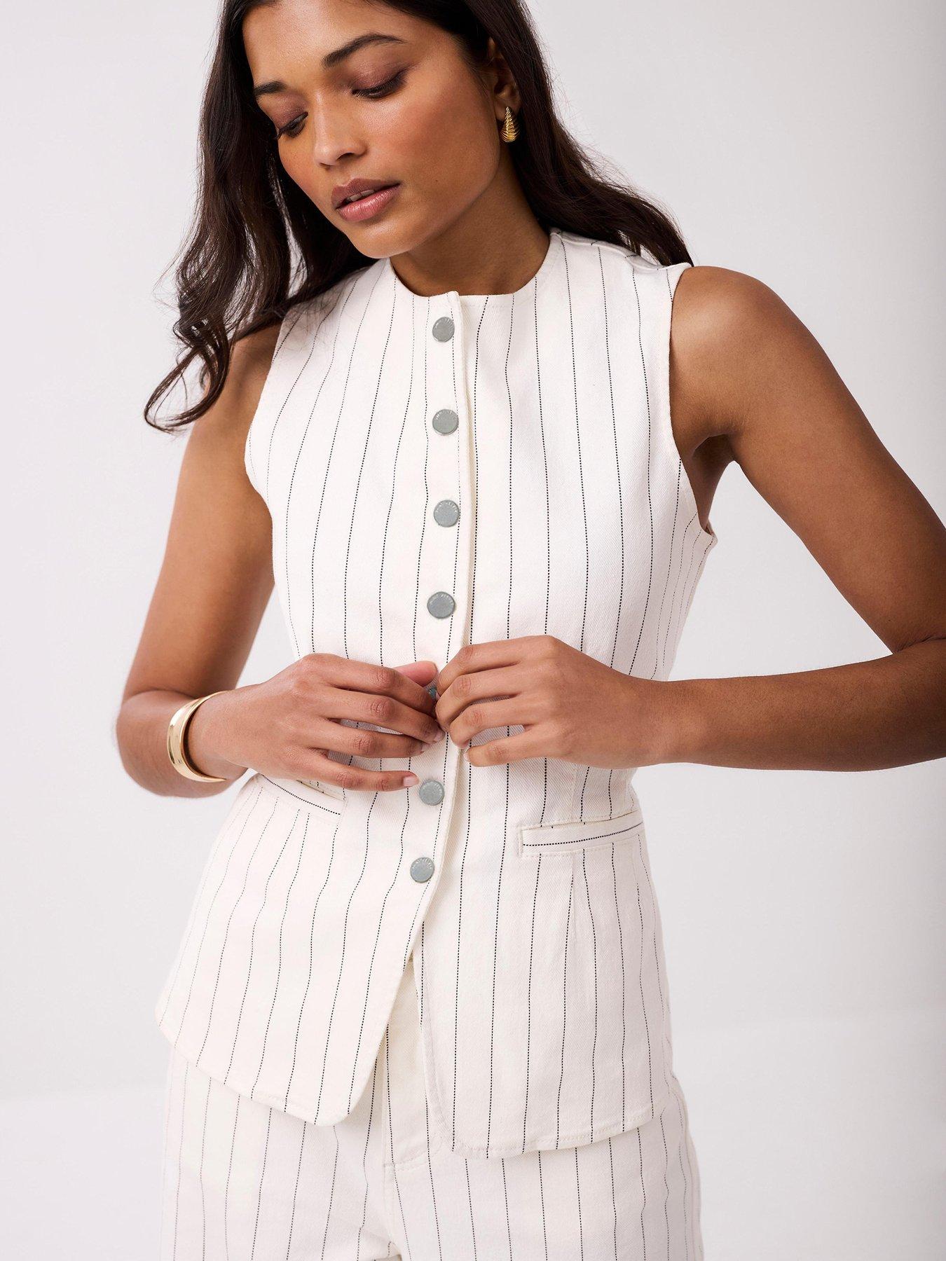 Mint Velvet Stripe Denim Sleeveless Waistcoat - Ivory