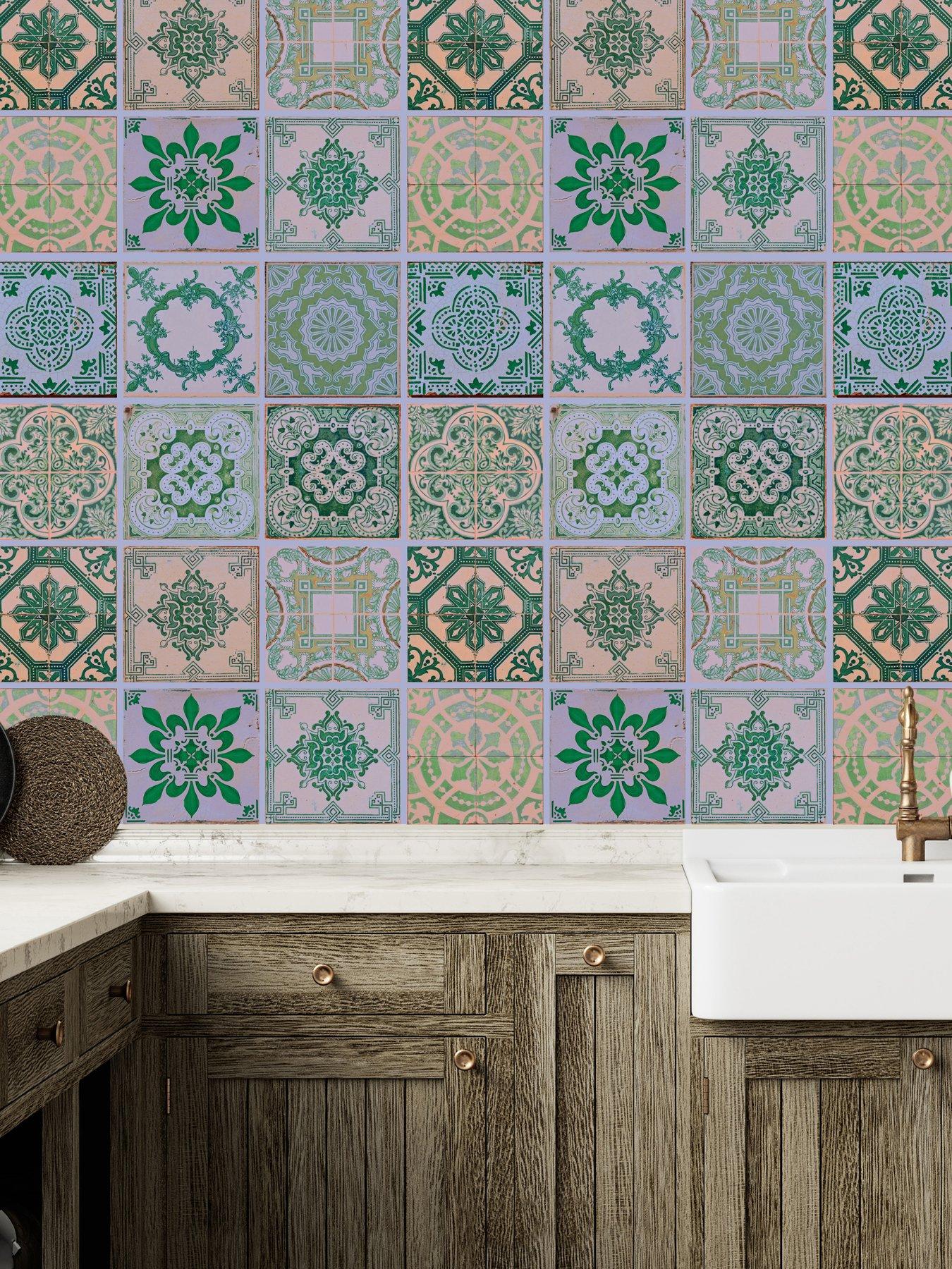Image 1 of 7 of Walplus Vintage Green Antique Azulejo Wall Tile Sticker Set - 15 X 15 Cm (6 X 6 In) - 24 Pcs