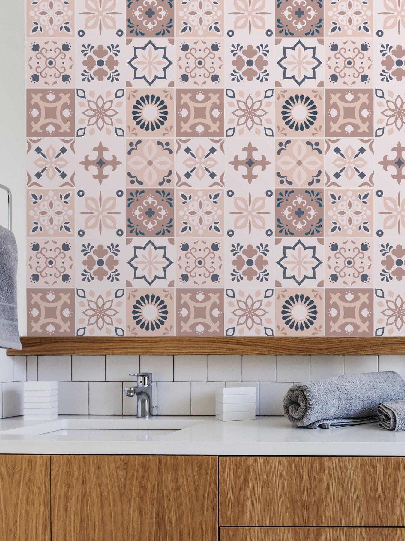 Walplus Menara Pink And Grey Cement Moroccan Wall Tile Sticker Set - 15 Cm X 15 Cm - 24 Pcs