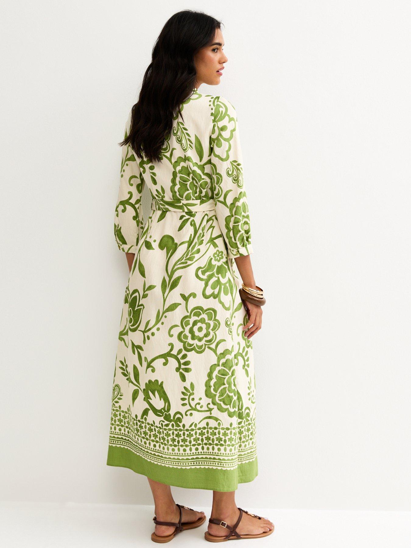 green midi dress with white flowers Amina Midi Dress in Green City Floral Olive main image 1
