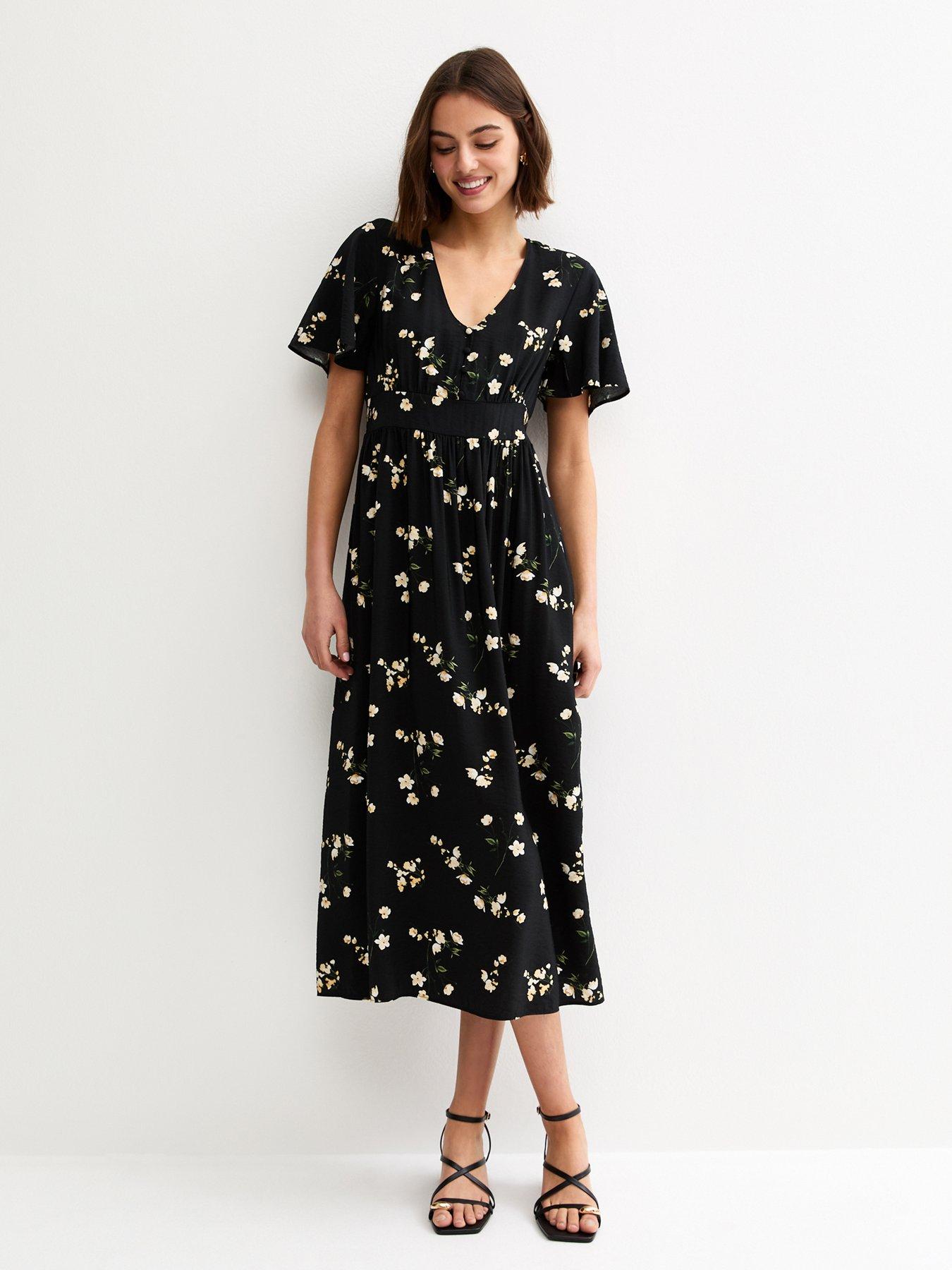 New Look Floral Flutter Sleeve Midi Dress - Black