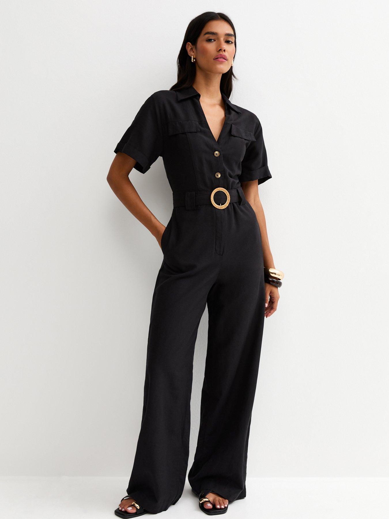 Image 1 of 5 of New Look Linen Short Sleeve Belted Jumpsuit - Black