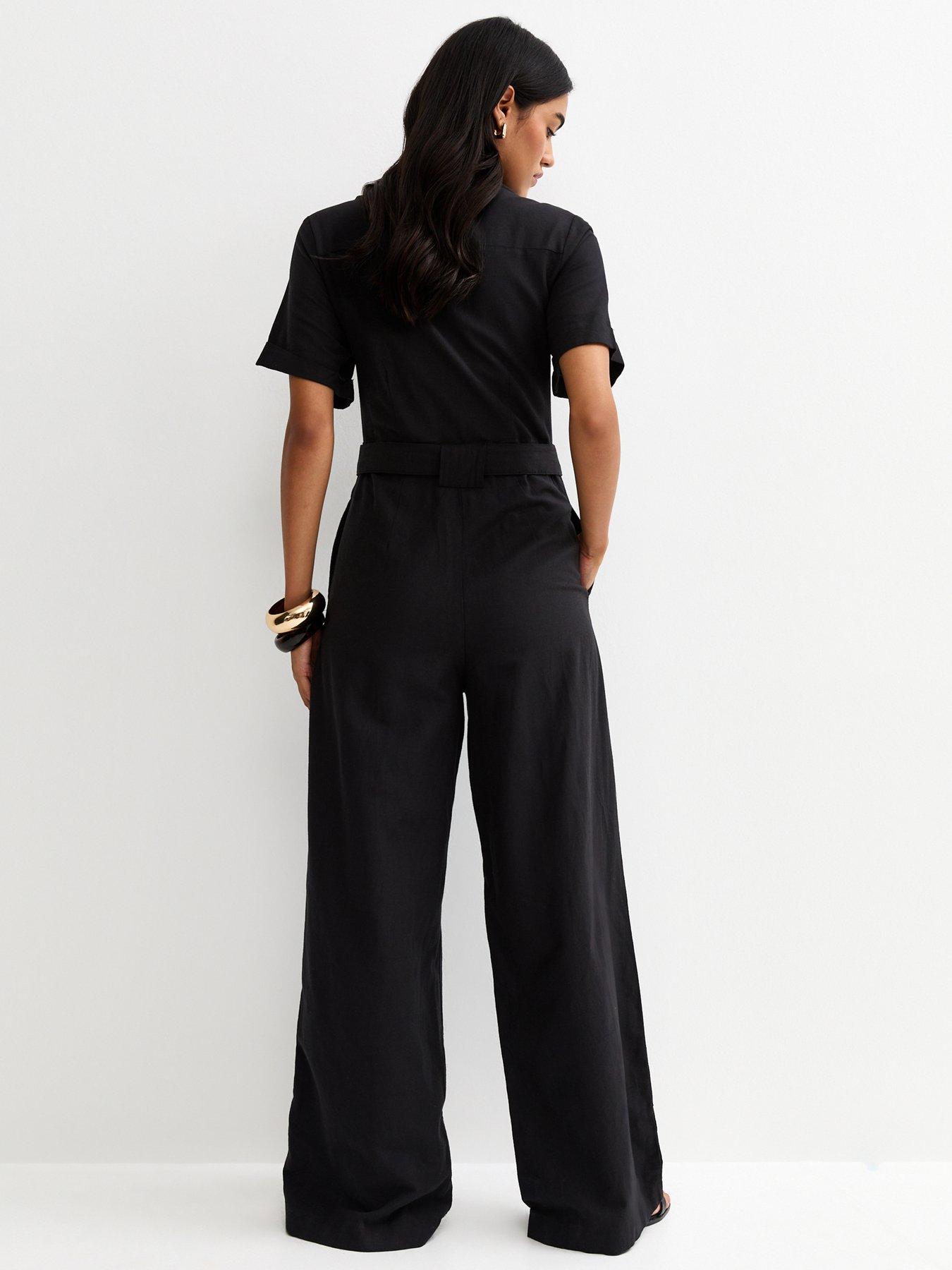 Image 2 of 5 of New Look Linen Short Sleeve Belted Jumpsuit - Black