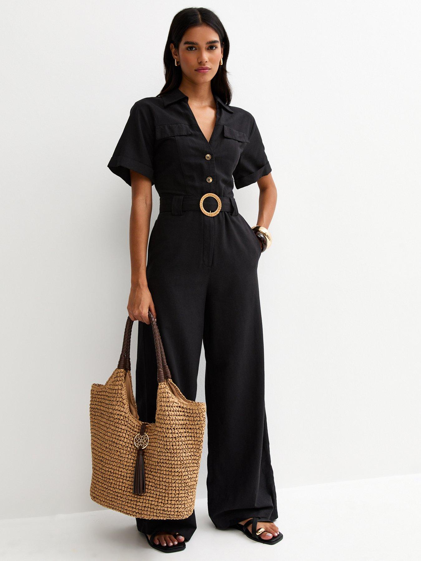 Image 3 of 5 of New Look Linen Short Sleeve Belted Jumpsuit - Black
