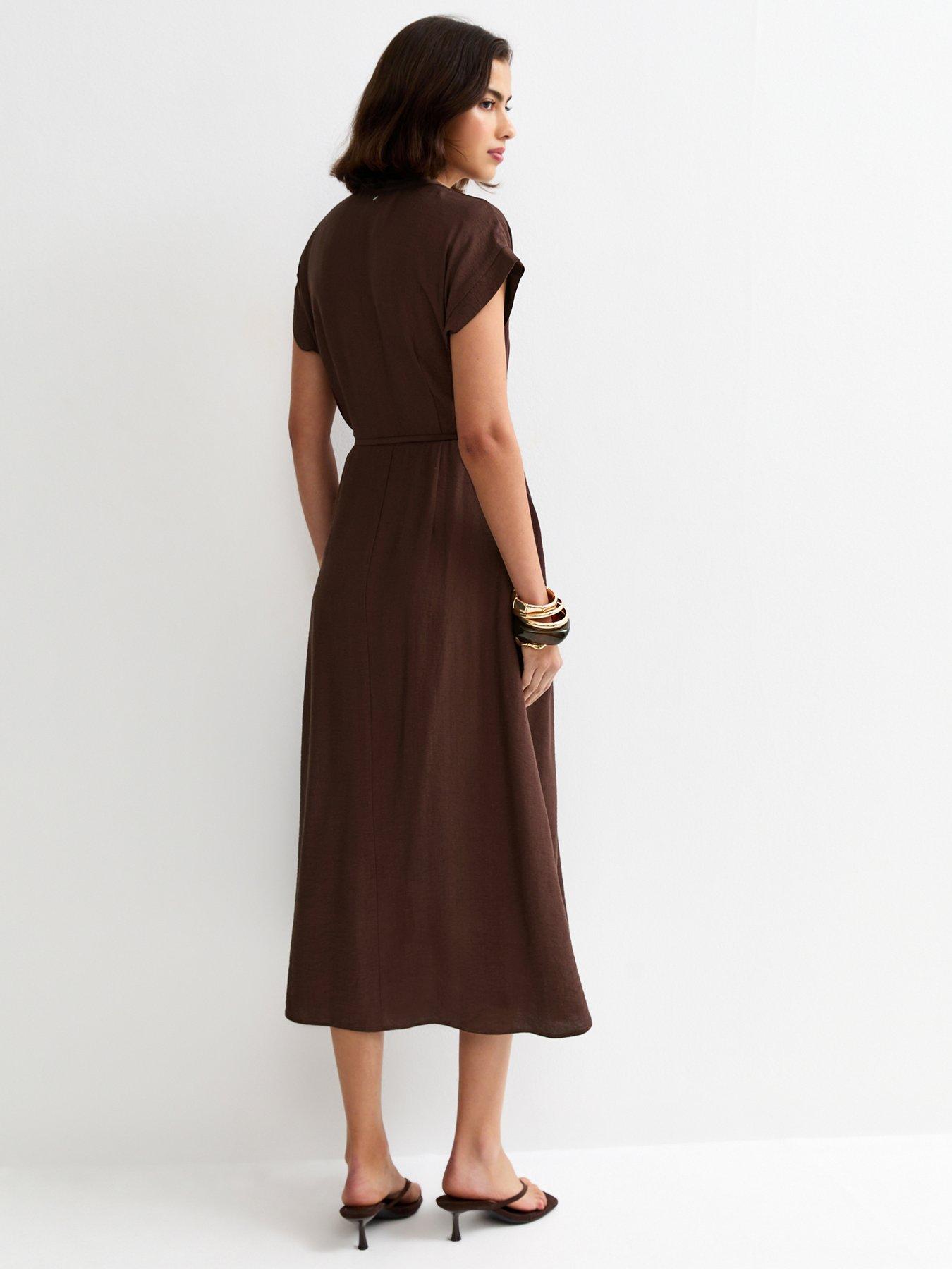 Image 2 of 6 of New Look Toggle Shirt Midi Dress - Dark Brown