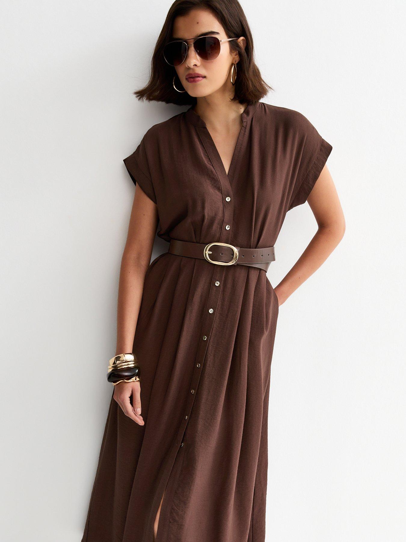 Image 3 of 6 of New Look Toggle Shirt Midi Dress - Dark Brown