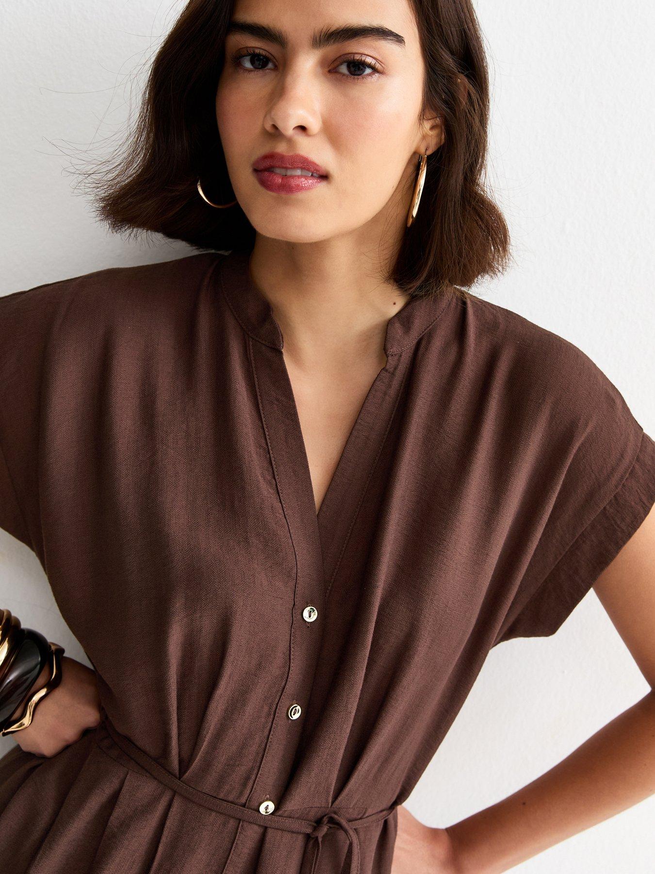 Image 4 of 6 of New Look Toggle Shirt Midi Dress - Dark Brown