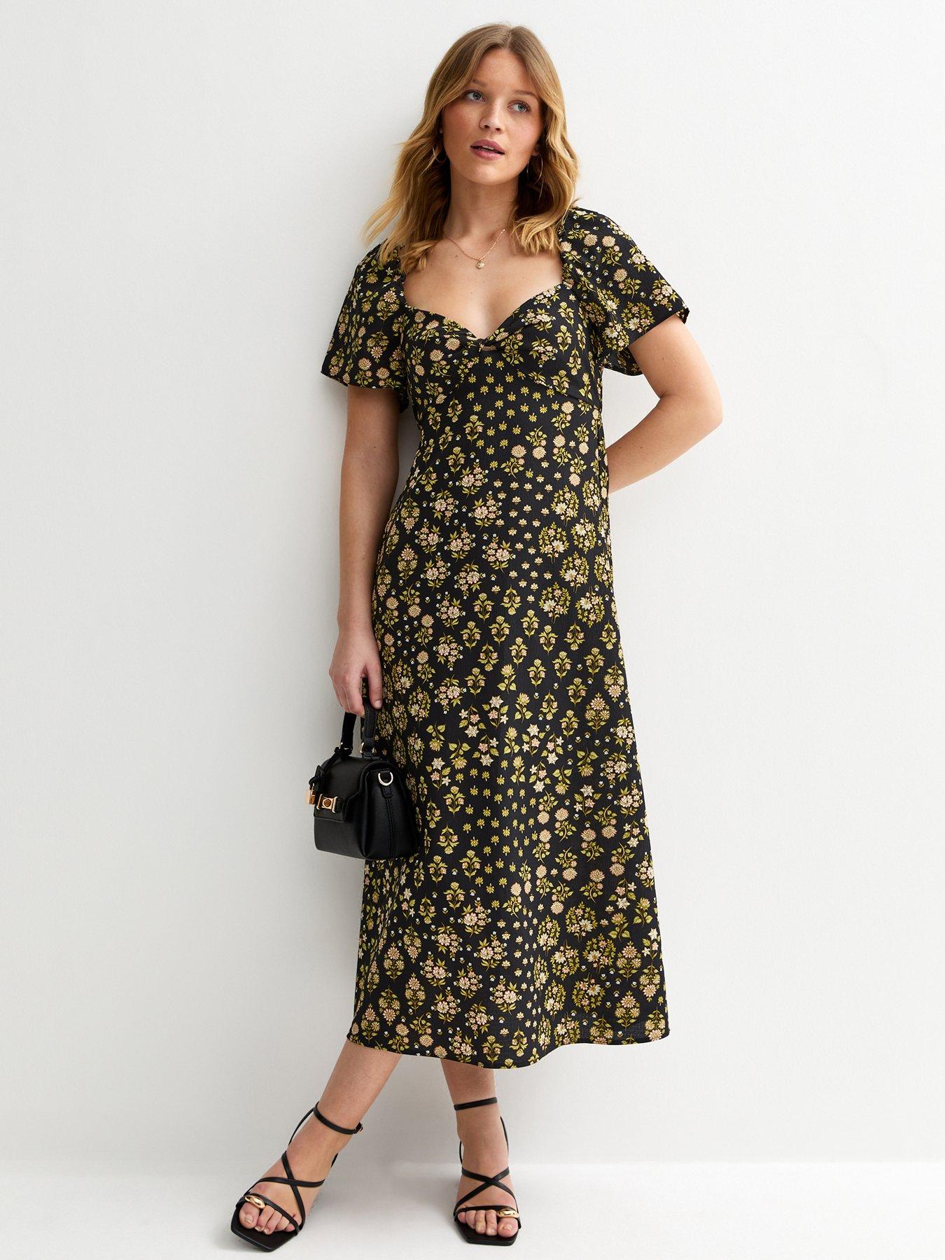 New Look Floral Sweetheart Neck Midi Dress - Black