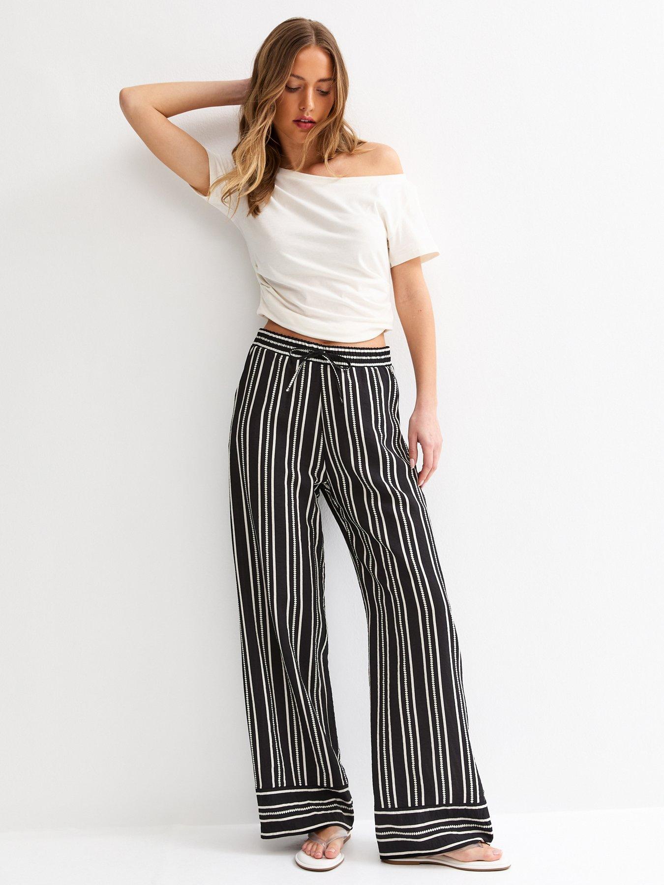 New Look Black Striped Tie Waist Wide Leg Trousers