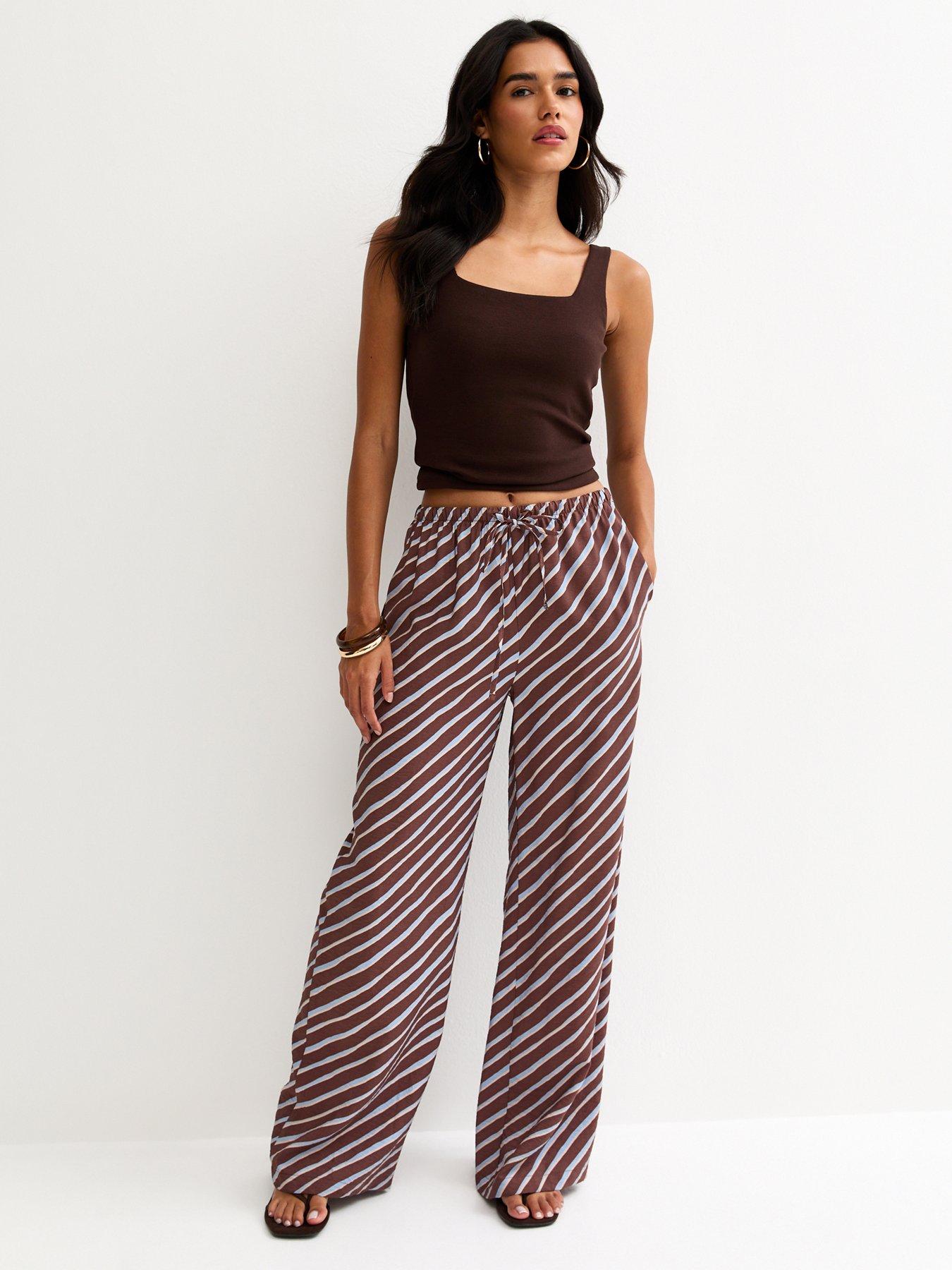 Image 1 of 6 of New Look Diagonal Stripe Wide Leg Trousers - Brown