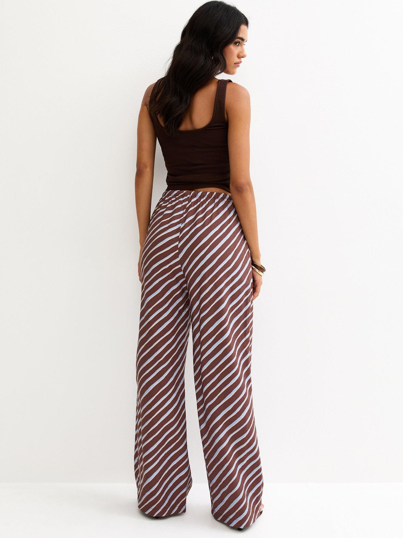 Image 2 of 6 of New Look Diagonal Stripe Wide Leg Trousers - Brown