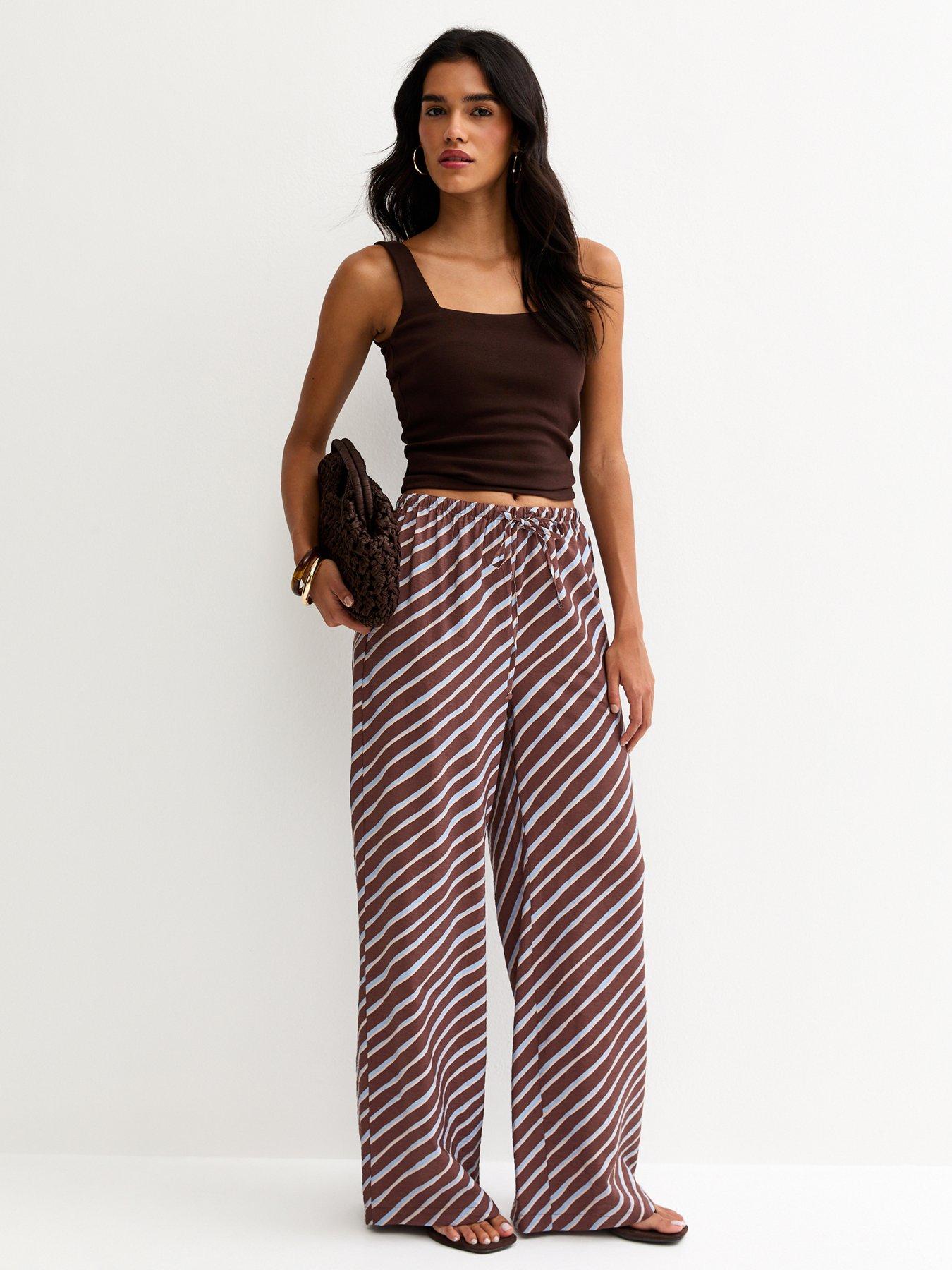 Image 3 of 6 of New Look Diagonal Stripe Wide Leg Trousers - Brown