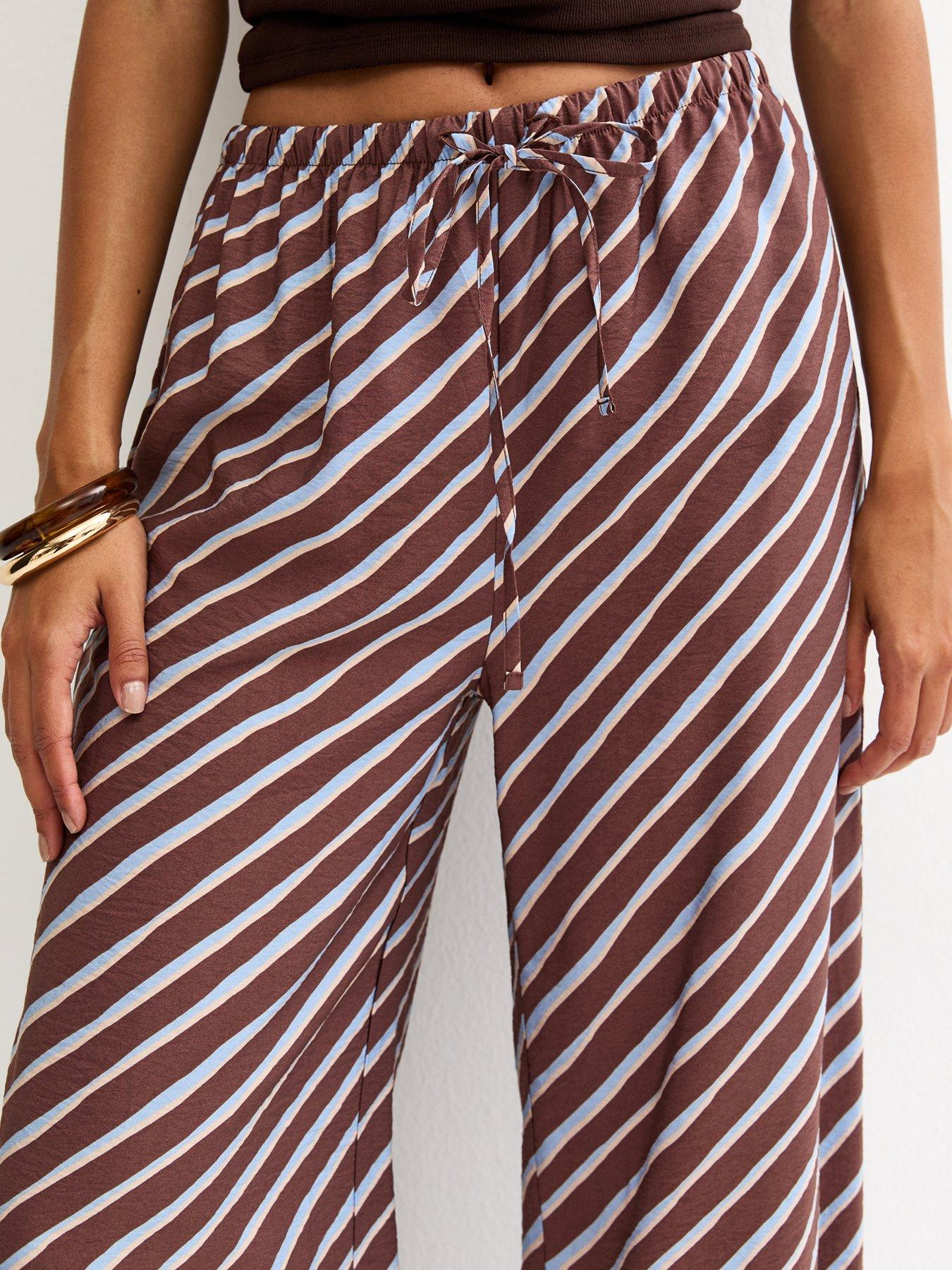Image 5 of 6 of New Look Diagonal Stripe Wide Leg Trousers - Brown