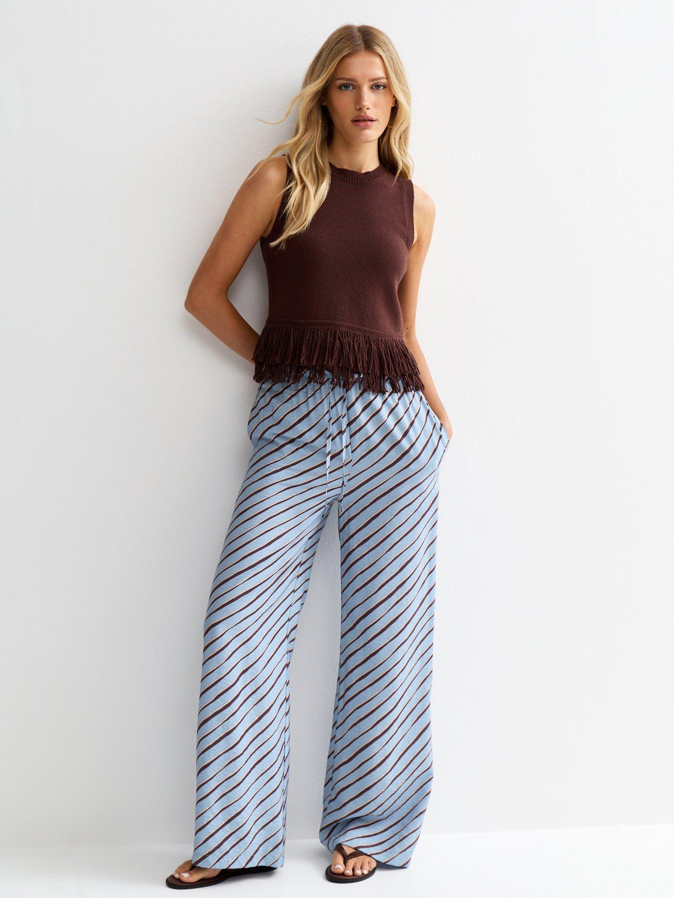 New Look: Diagonal Stripe Wide Leg Trousers - Light Blue