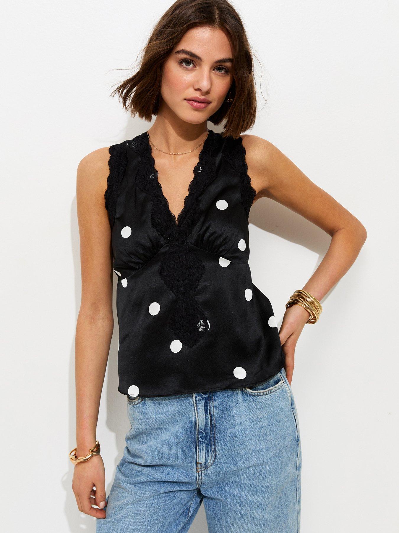 New Look Satin Polka Dot Sleeveless Top - Black