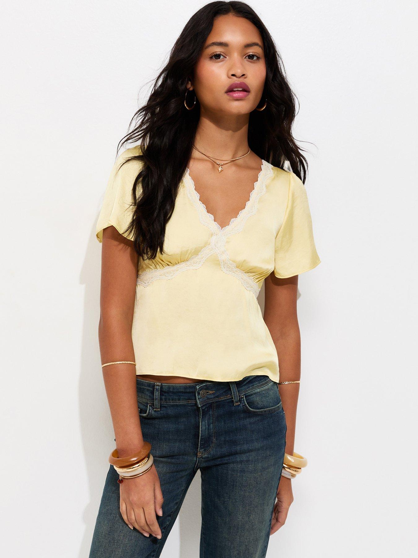 New Look Lace Trim Flutter Sleeve Satin Tea Top - Light Yellow | Very