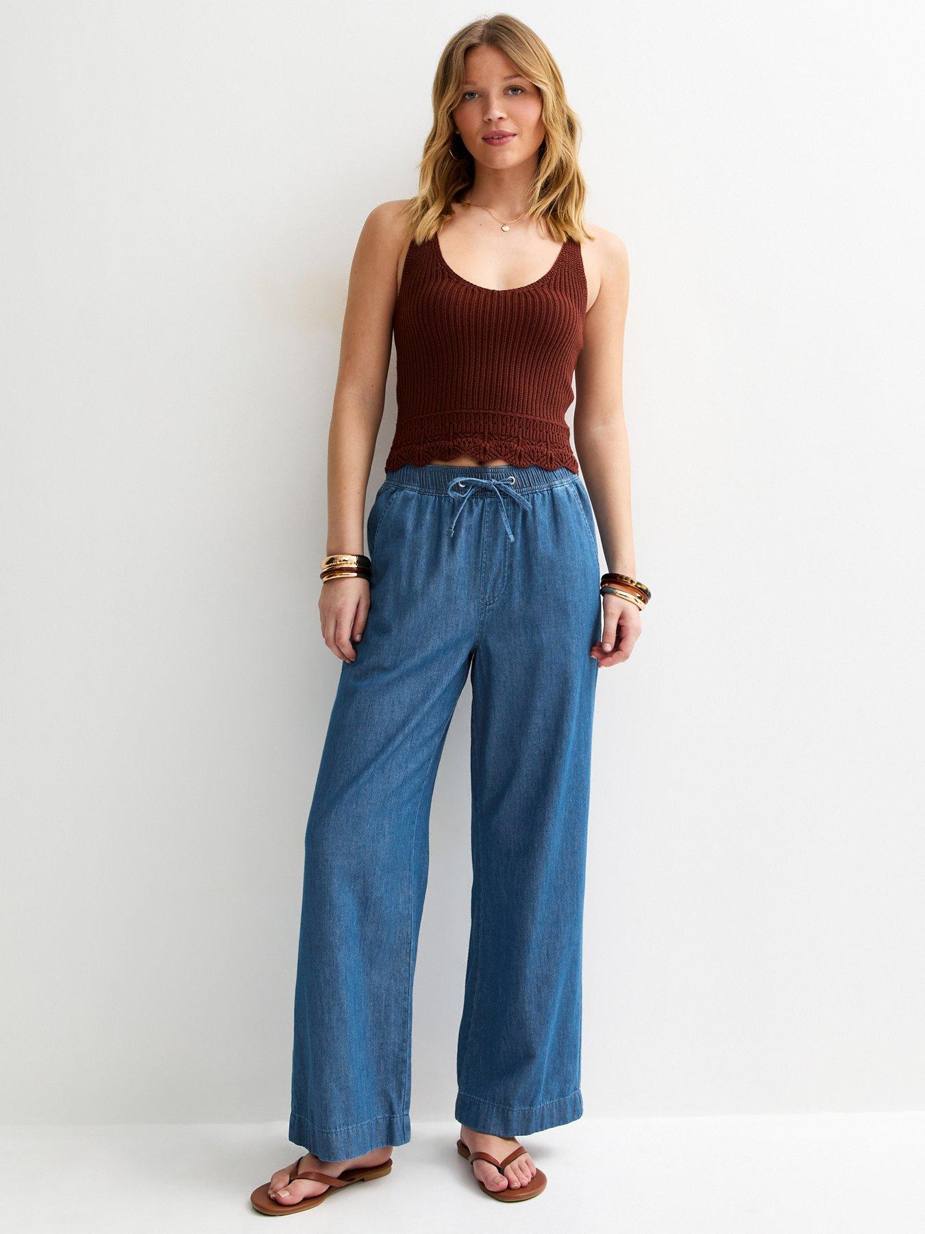 Image 3 of 6 of New Look Denim Drawstring Wide Leg Trousers - Blue