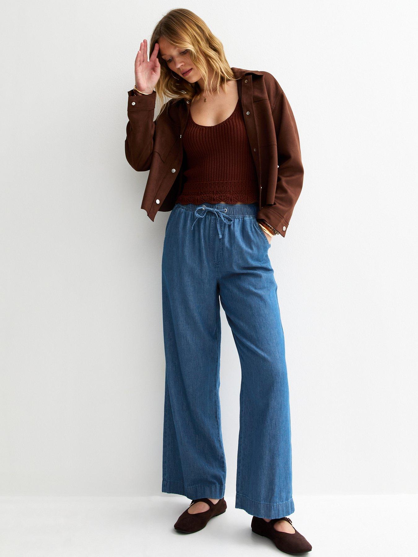 Image 4 of 6 of New Look Denim Drawstring Wide Leg Trousers - Blue
