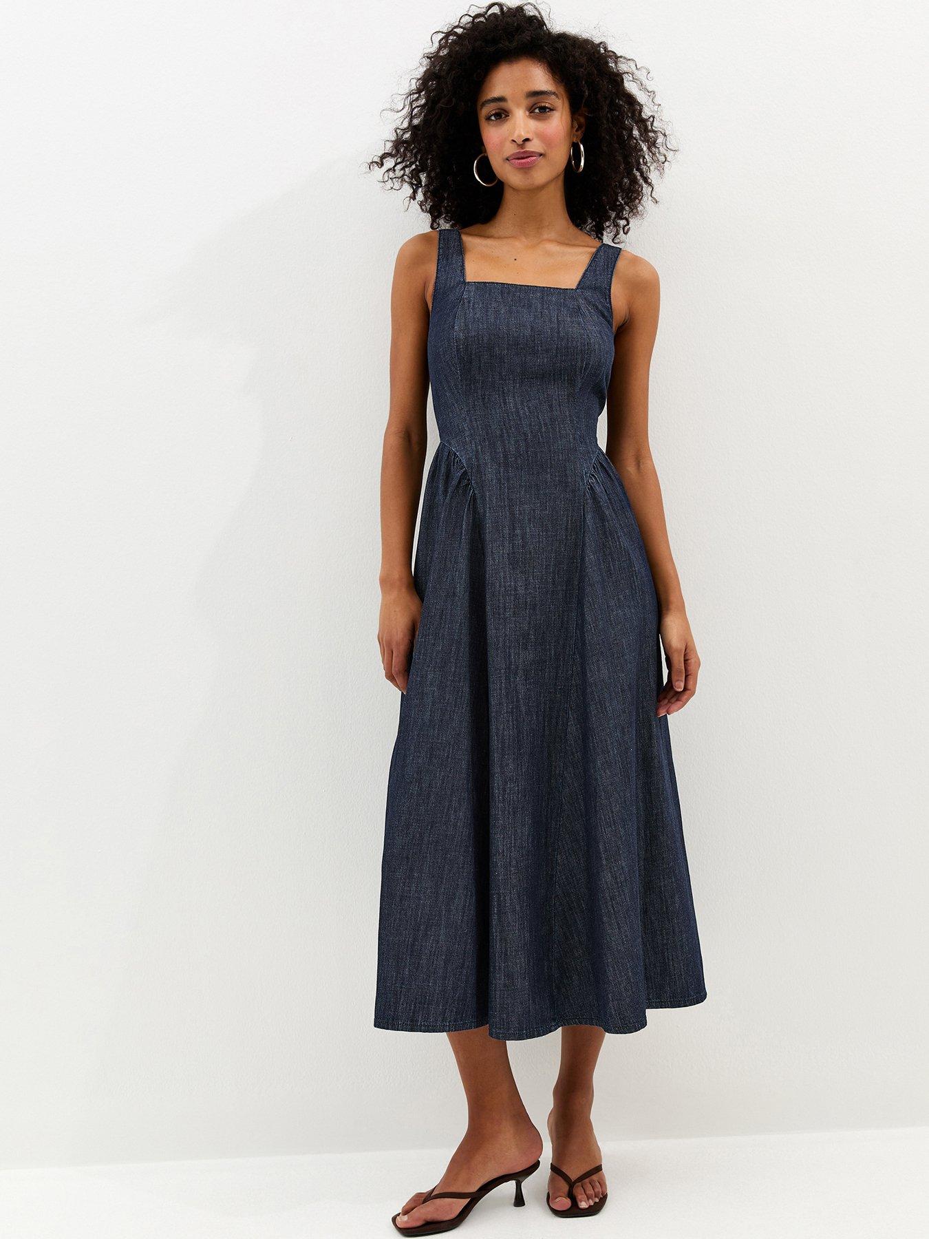 New Look: Navy Denim Square Neck Midi Dress - Blue