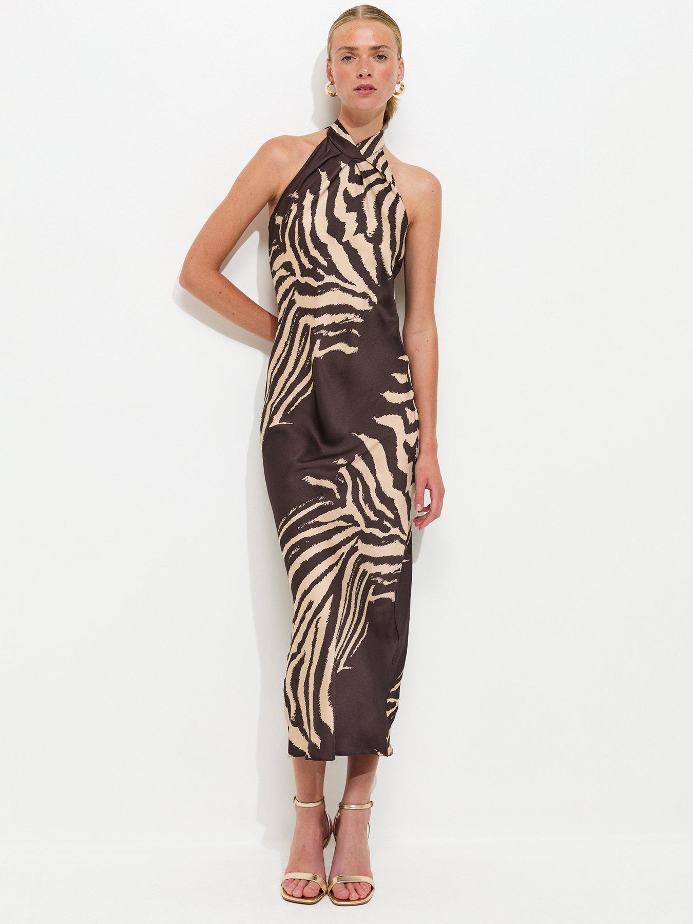 New Look Satin Zebra Print Halterneck Midi Dress - Brown