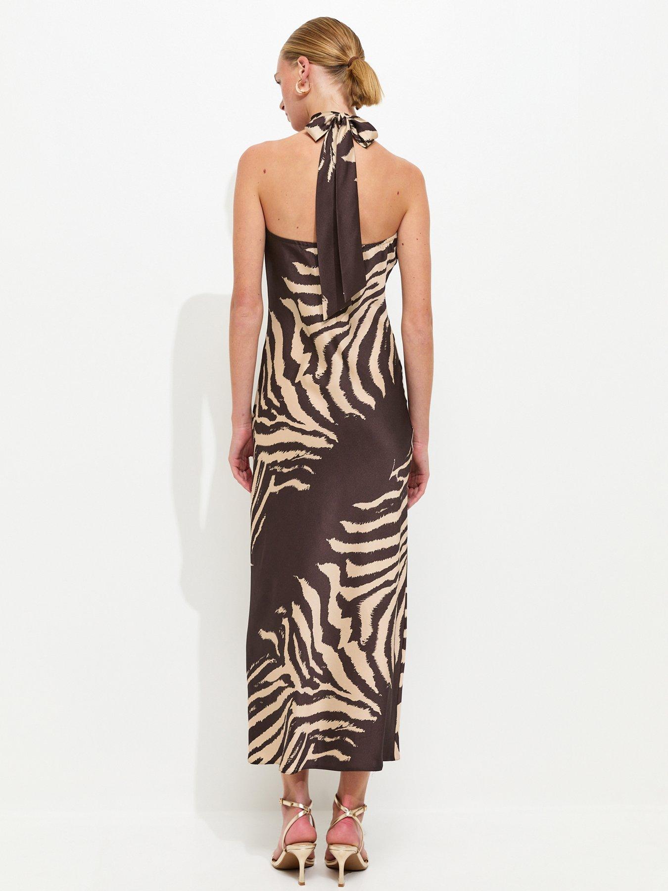 New Look Satin Zebra Print Halterneck Midi Dress - Brown | Very