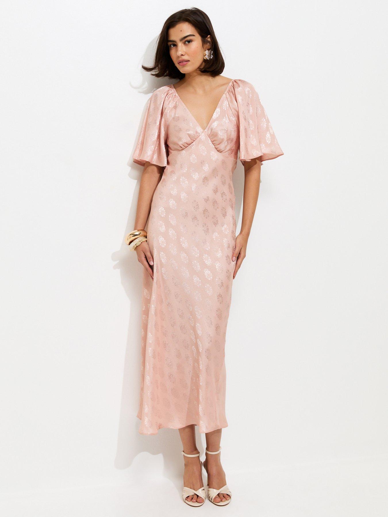 New Look Pink Paisley Pattern Jacquard Flutter Sleeve Midi Dress