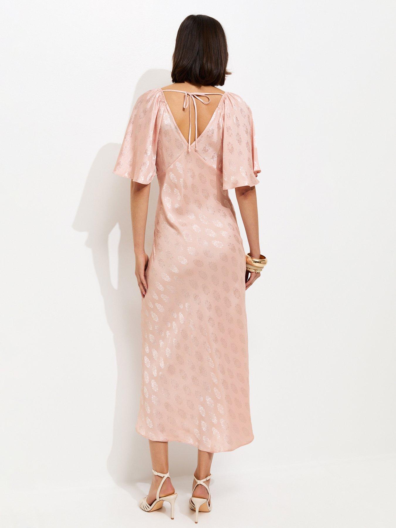 Image 2 of 5 of New Look Pink Paisley Pattern Jacquard Flutter Sleeve Midi Dress