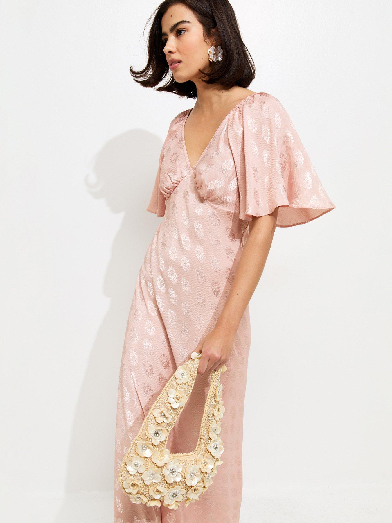 Image 3 of 5 of New Look Pink Paisley Pattern Jacquard Flutter Sleeve Midi Dress