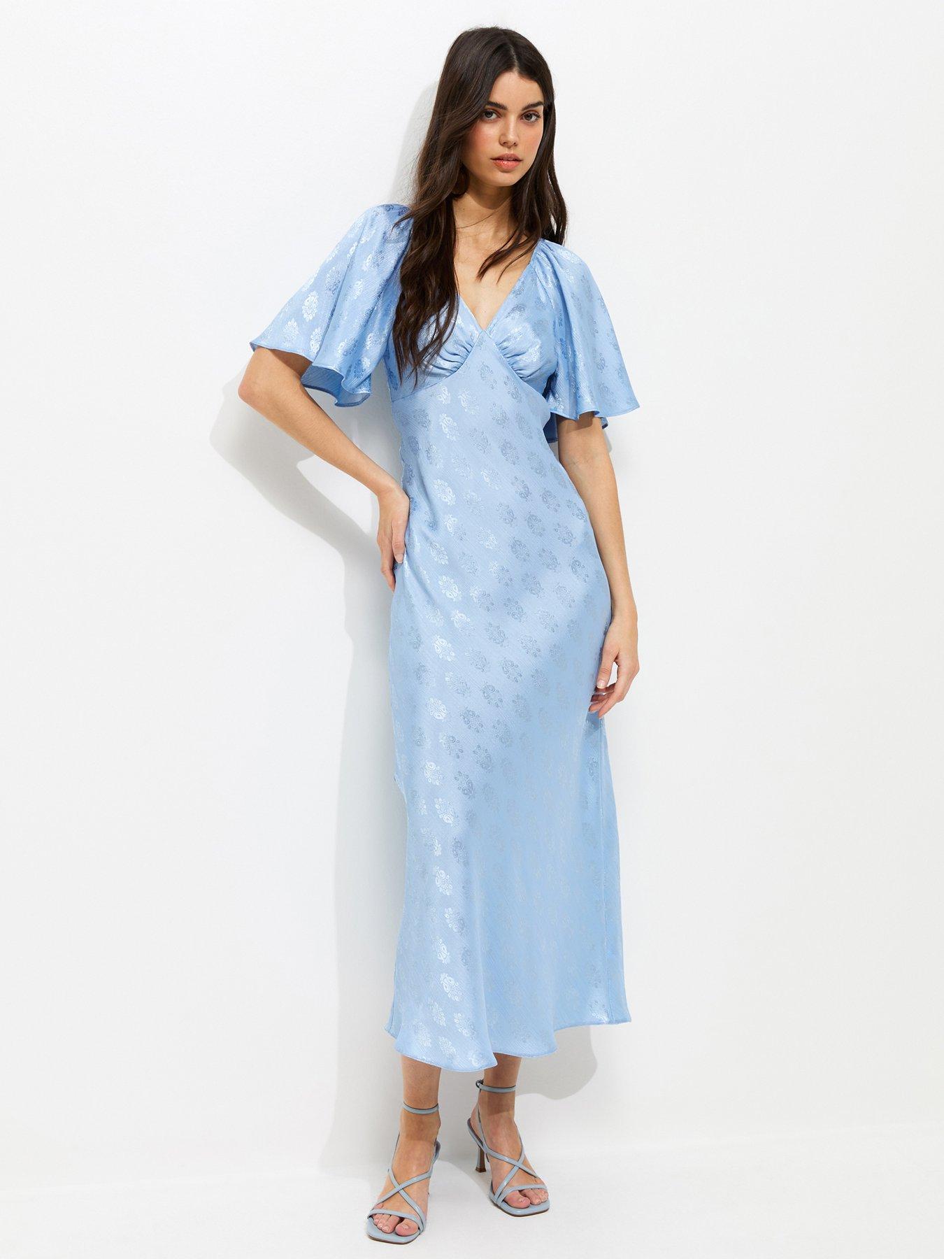 New Look Light Blue Paisley Pattern Jacquard Flutter Sleeve Midi Dress