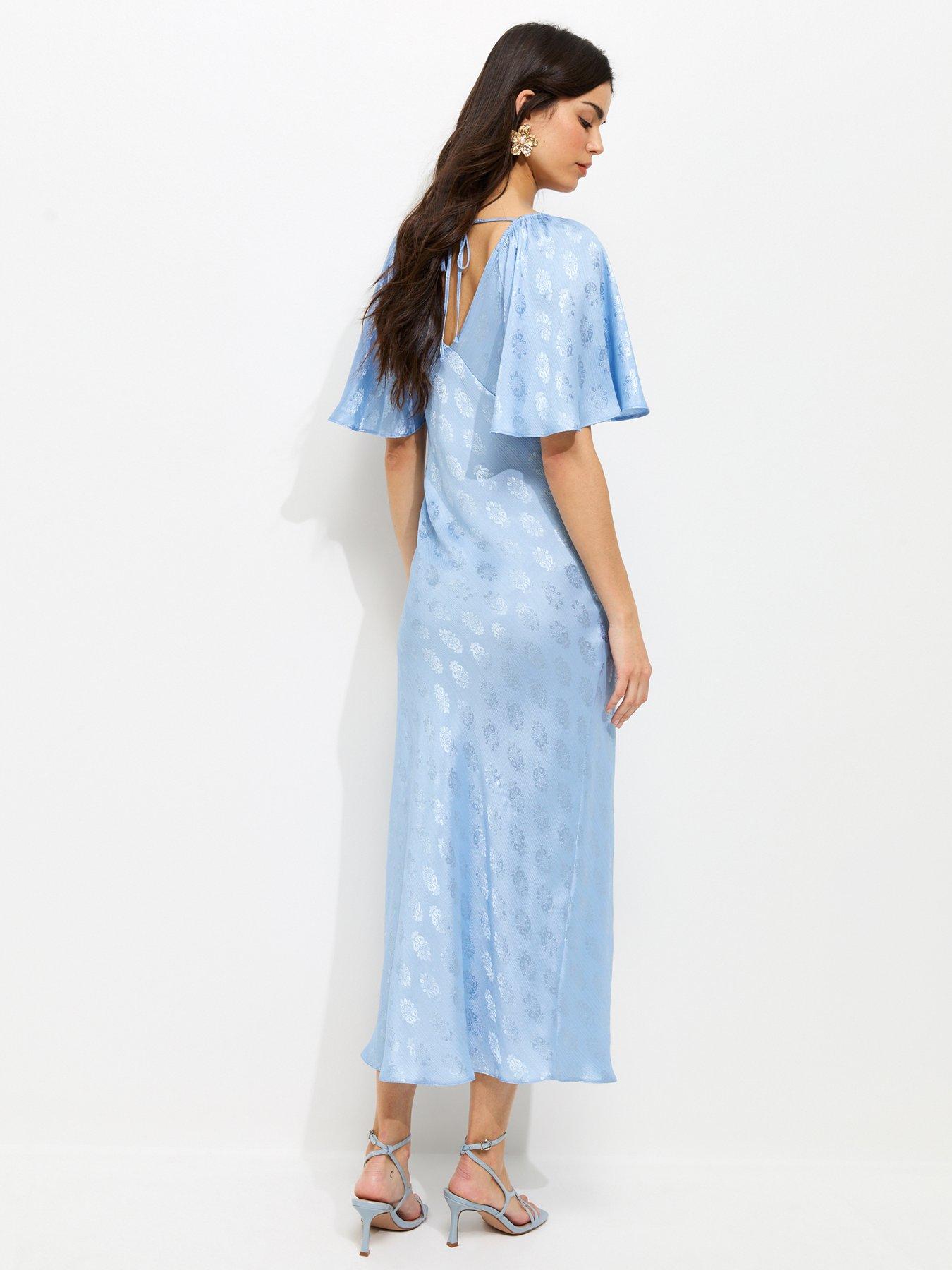 Image 2 of 5 of New Look Light Blue Paisley Pattern Jacquard Flutter Sleeve Midi Dress