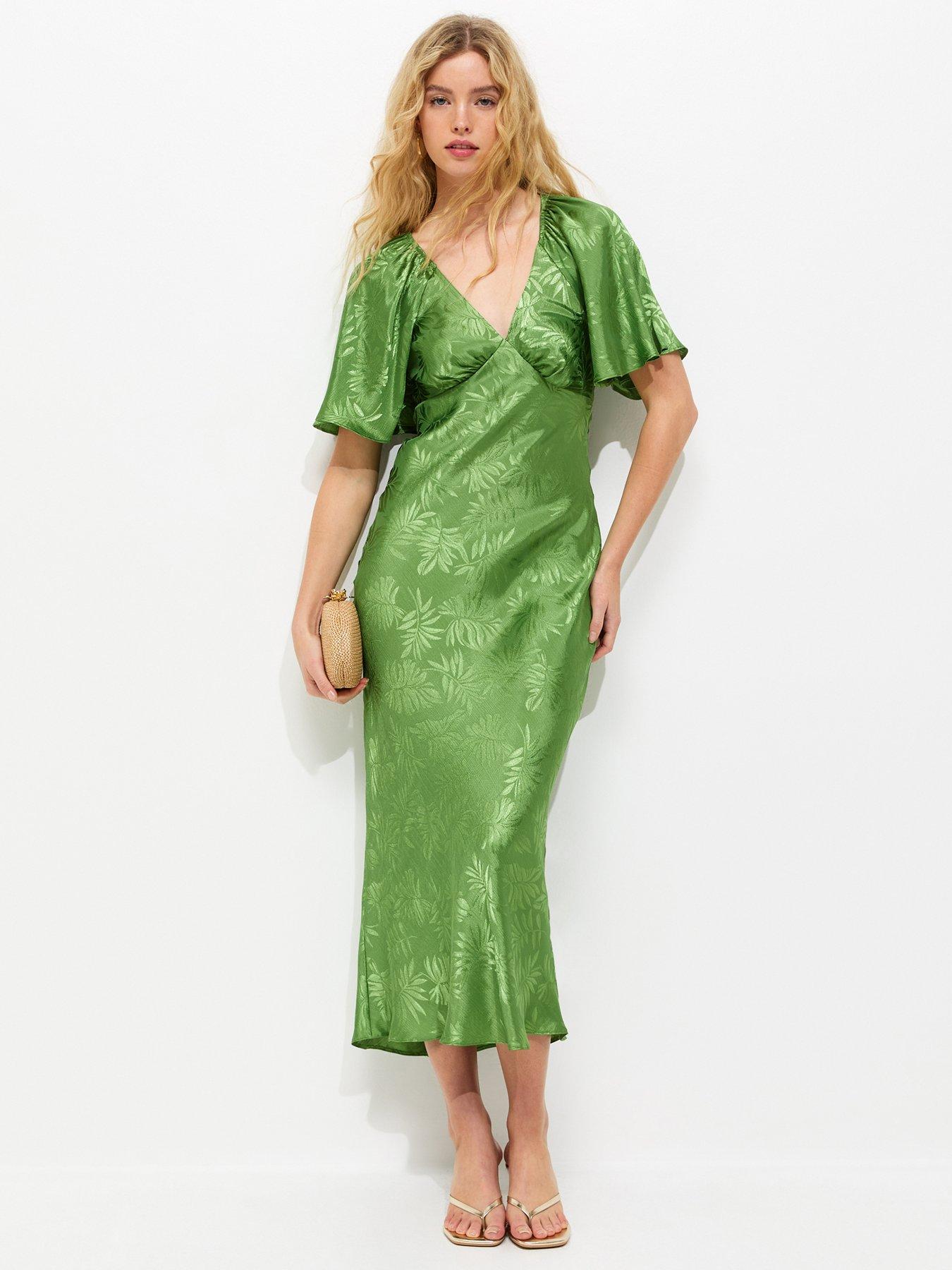 Image 1 of 5 of New Look Palm Leaf Jacquard Flutter Sleeve Midi Dress - Light Green
