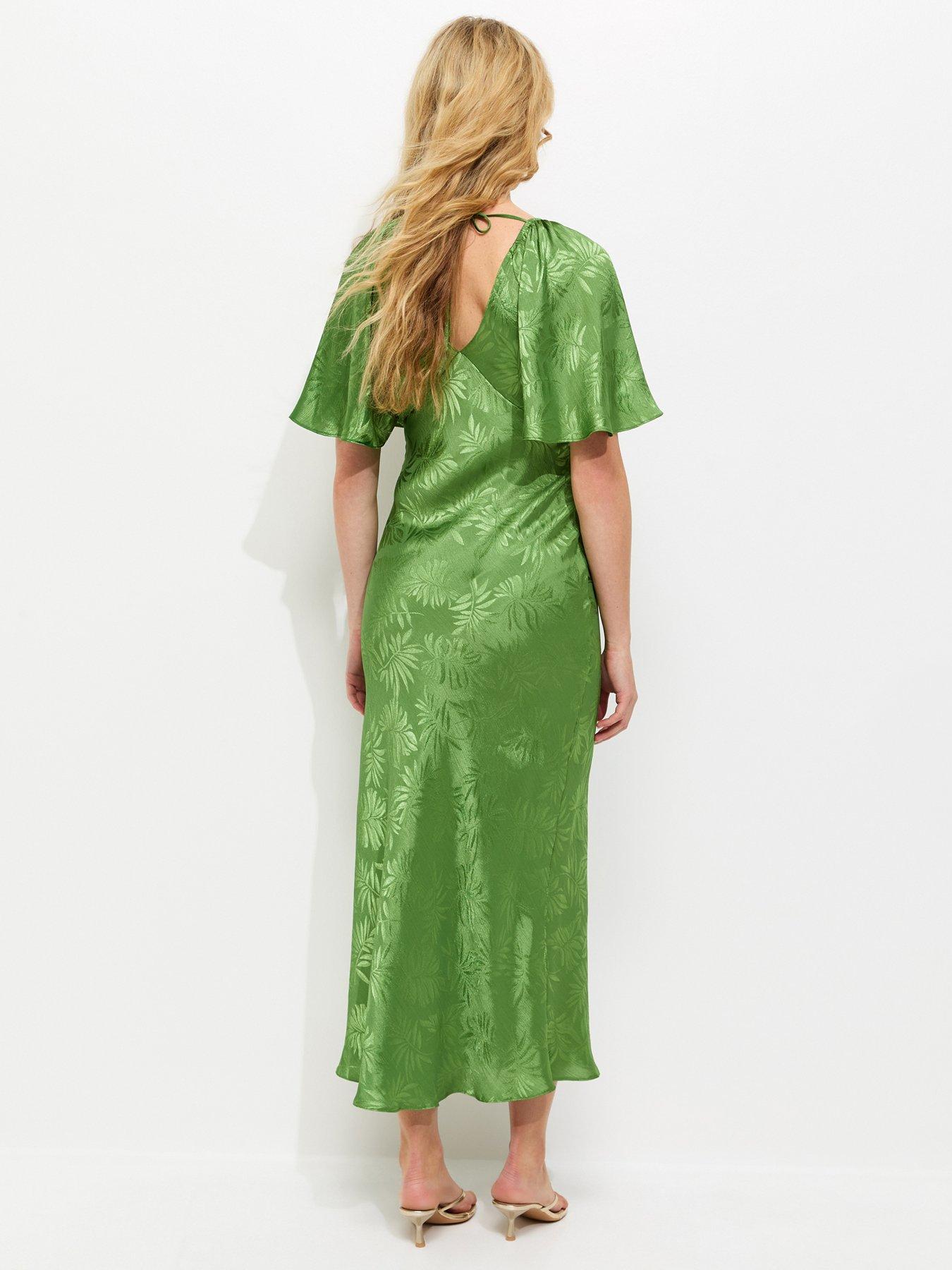 Image 2 of 5 of New Look Palm Leaf Jacquard Flutter Sleeve Midi Dress - Light Green