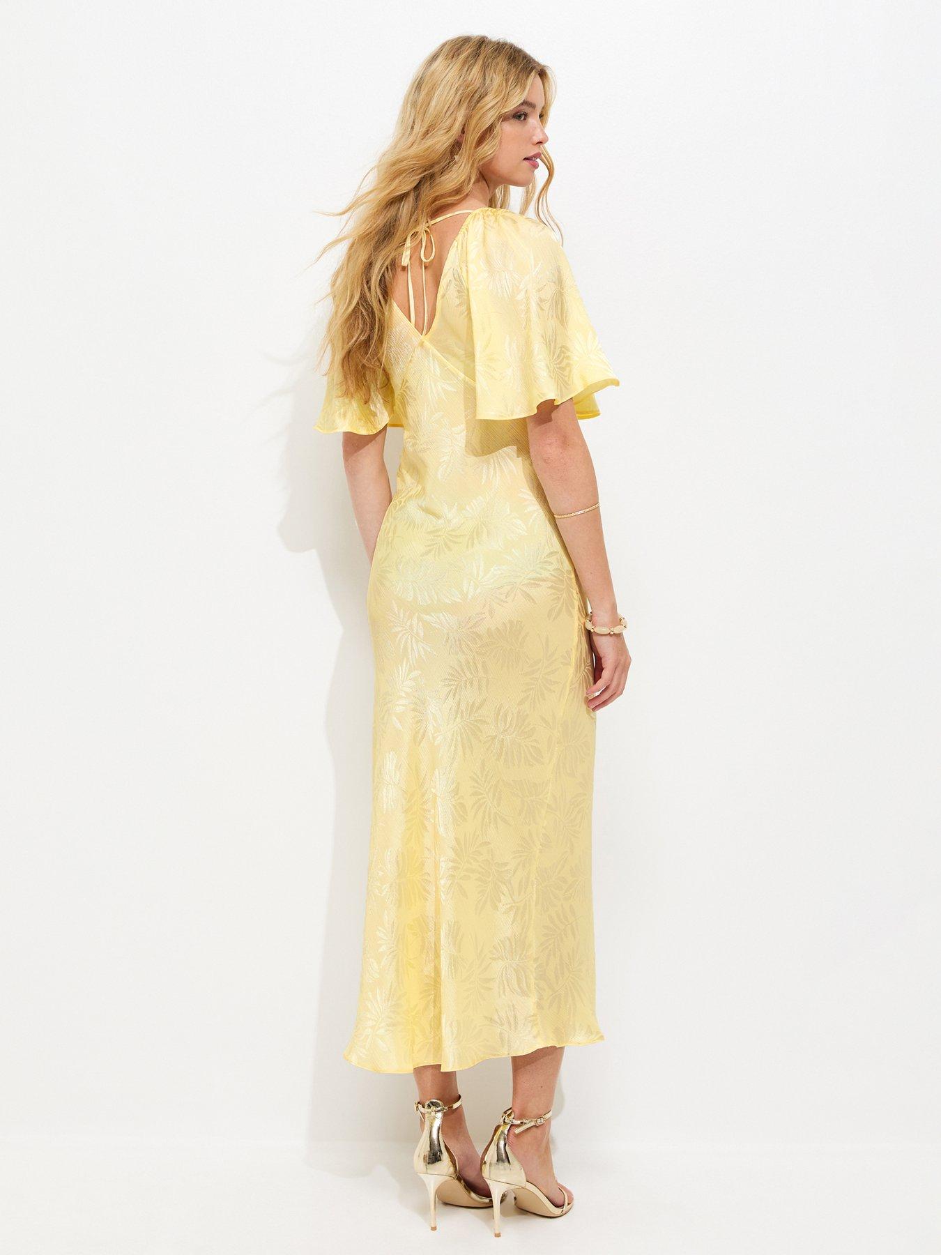 Image 2 of 5 of New Look Light Yellow Palm Leaf Jacquard Flutter Sleeve Midi Dress