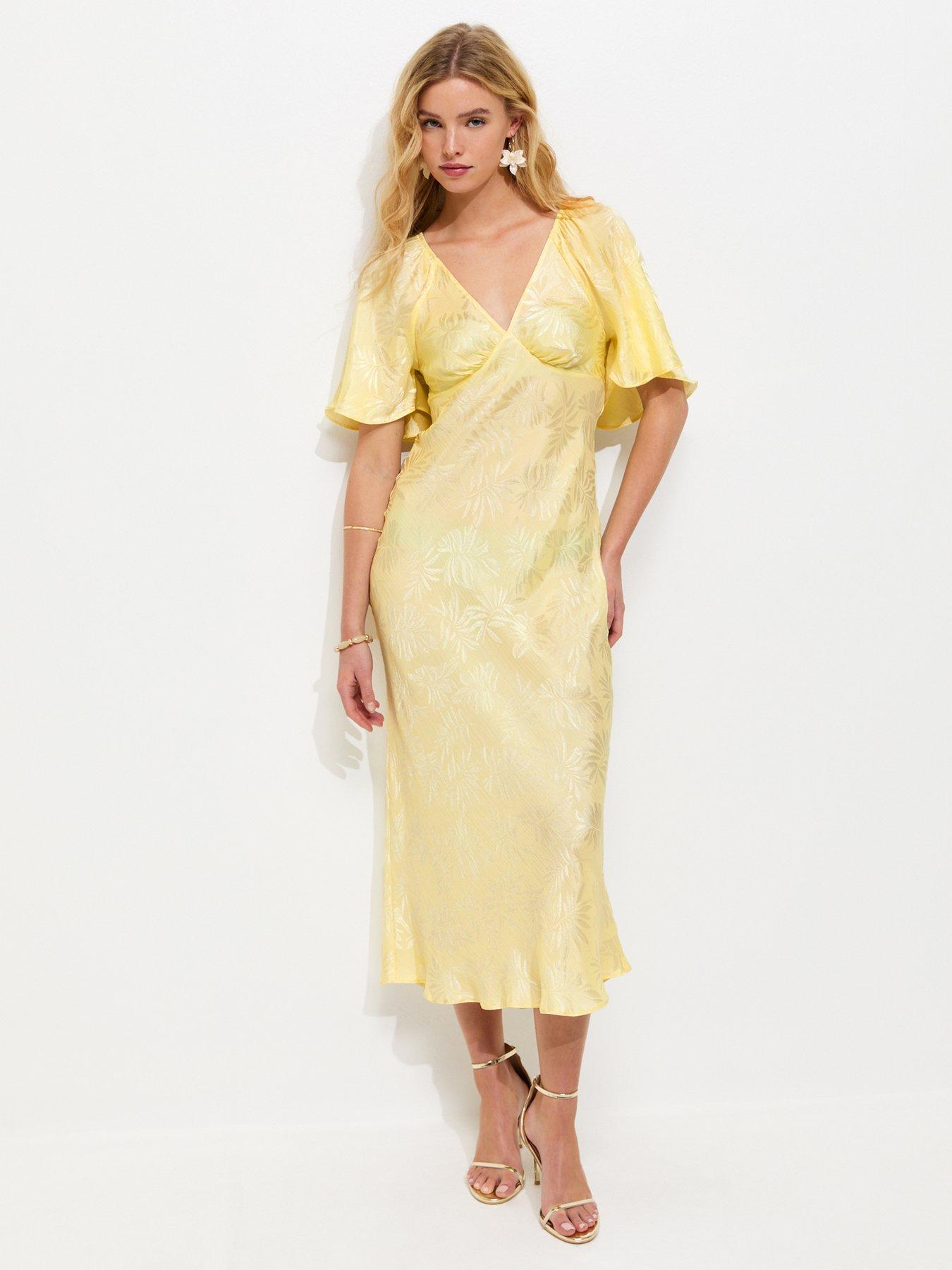 Image 3 of 5 of New Look Light Yellow Palm Leaf Jacquard Flutter Sleeve Midi Dress