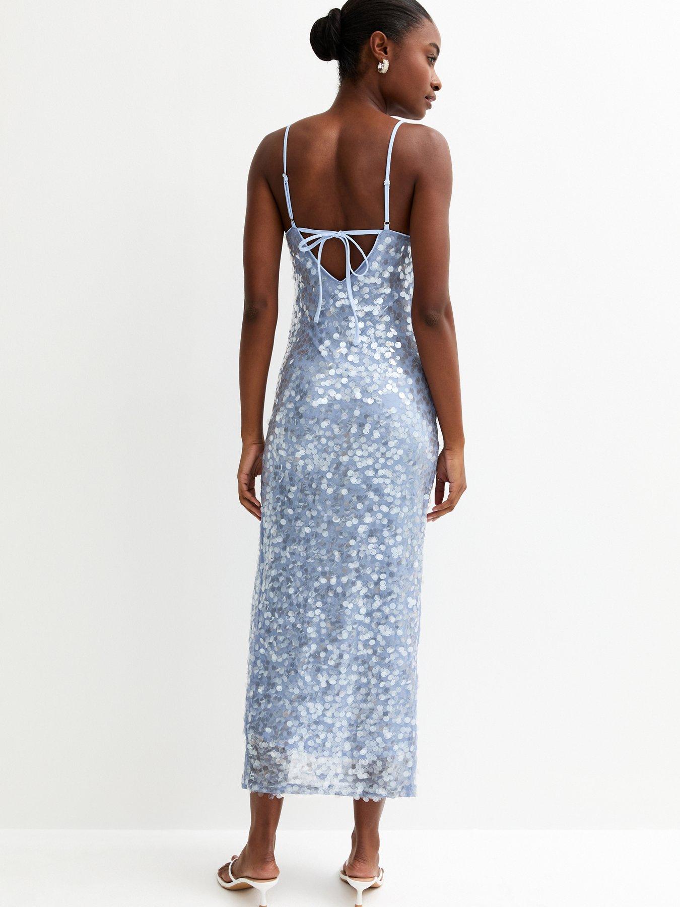 Image 2 of 5 of New Look Light Blue Sequin Strappy Tie Back Maxi Dress