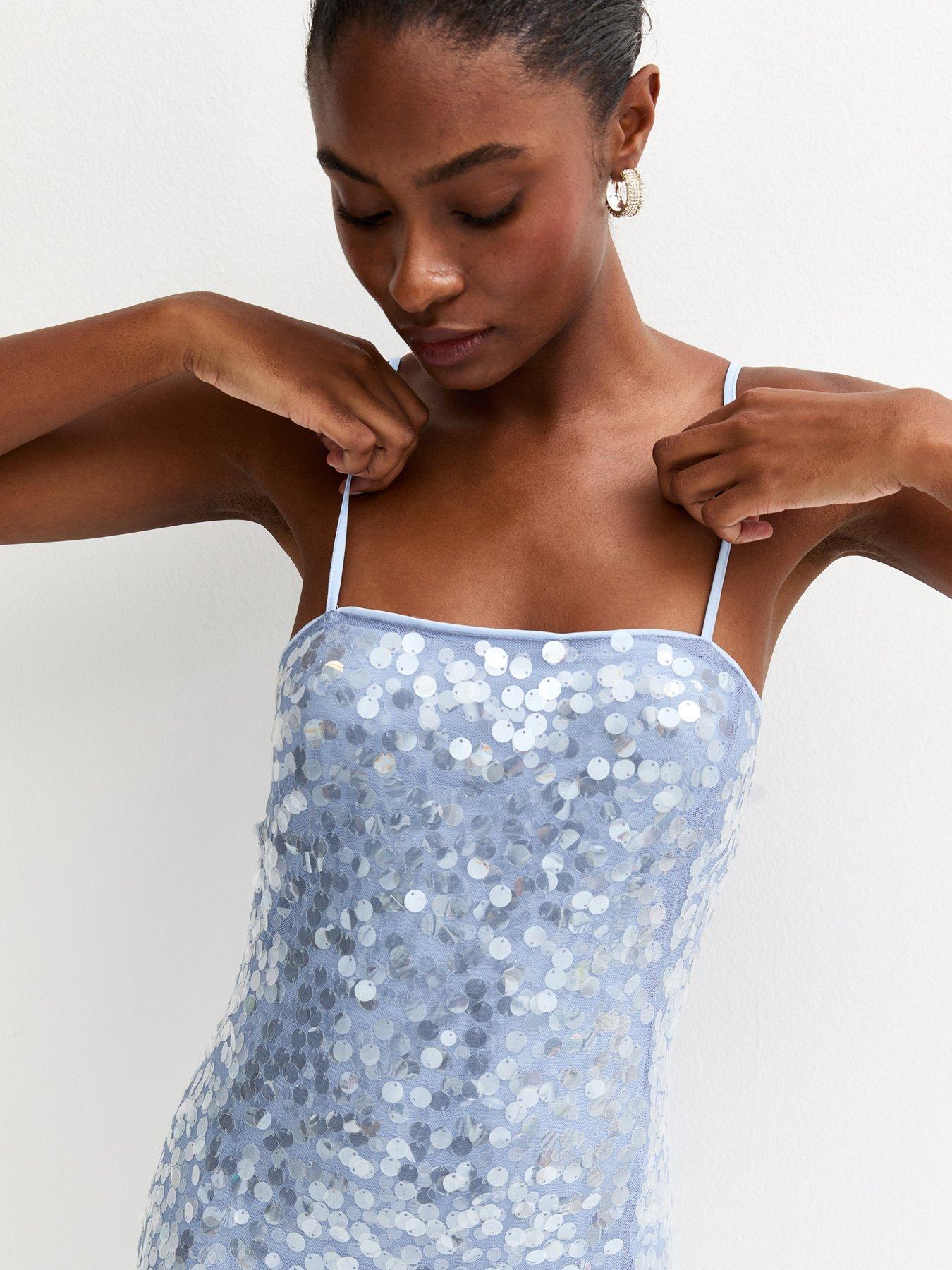 Image 4 of 5 of New Look Light Blue Sequin Strappy Tie Back Maxi Dress