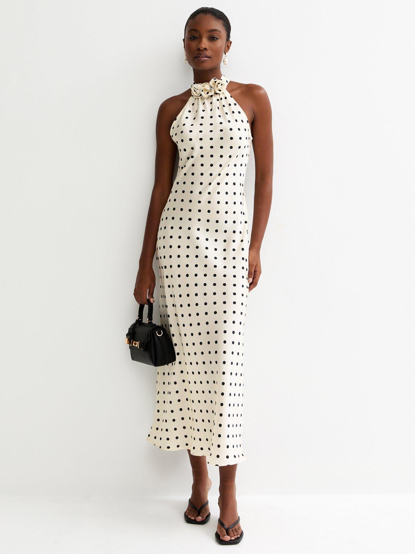 New Look Satin Polka Dot Floral Appliqued Halter Neck Midi Dress - Cream