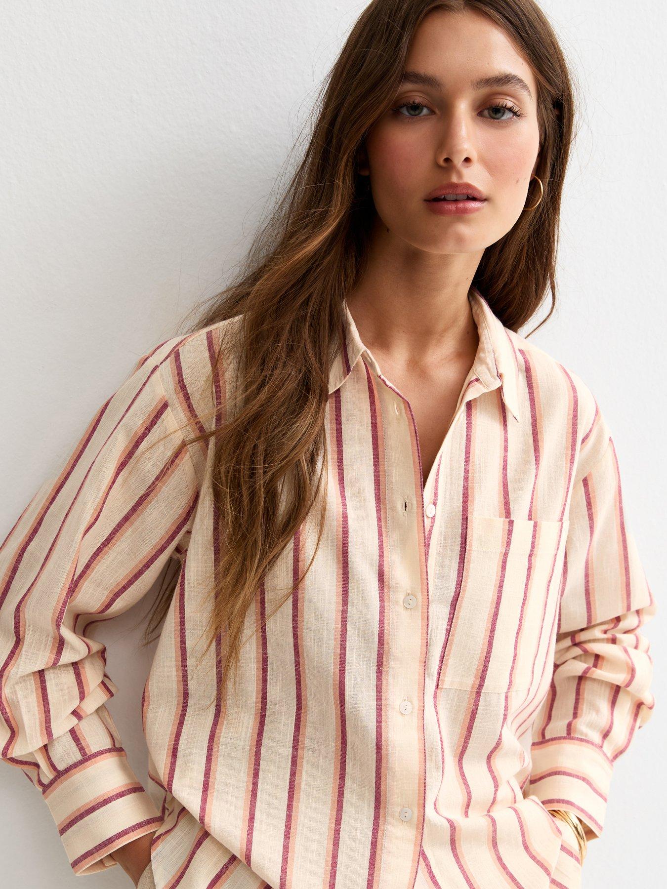Image 4 of 5 of New Look Striped Cotton Long Sleeve Shirt - Pink