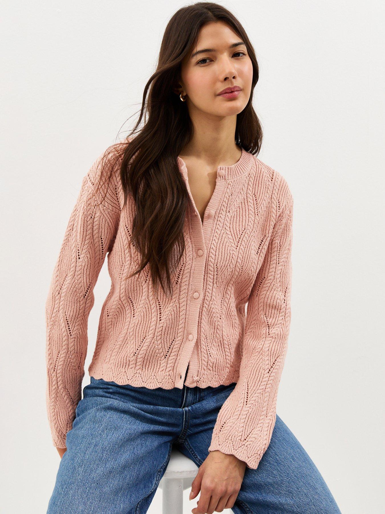 New Look Pink Cotton Rich Ladder Stitch Scallop Trim Knitted Cardigan